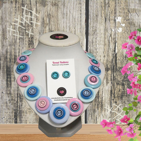 Pink and blue Button necklace and earrings - Maybe Baby