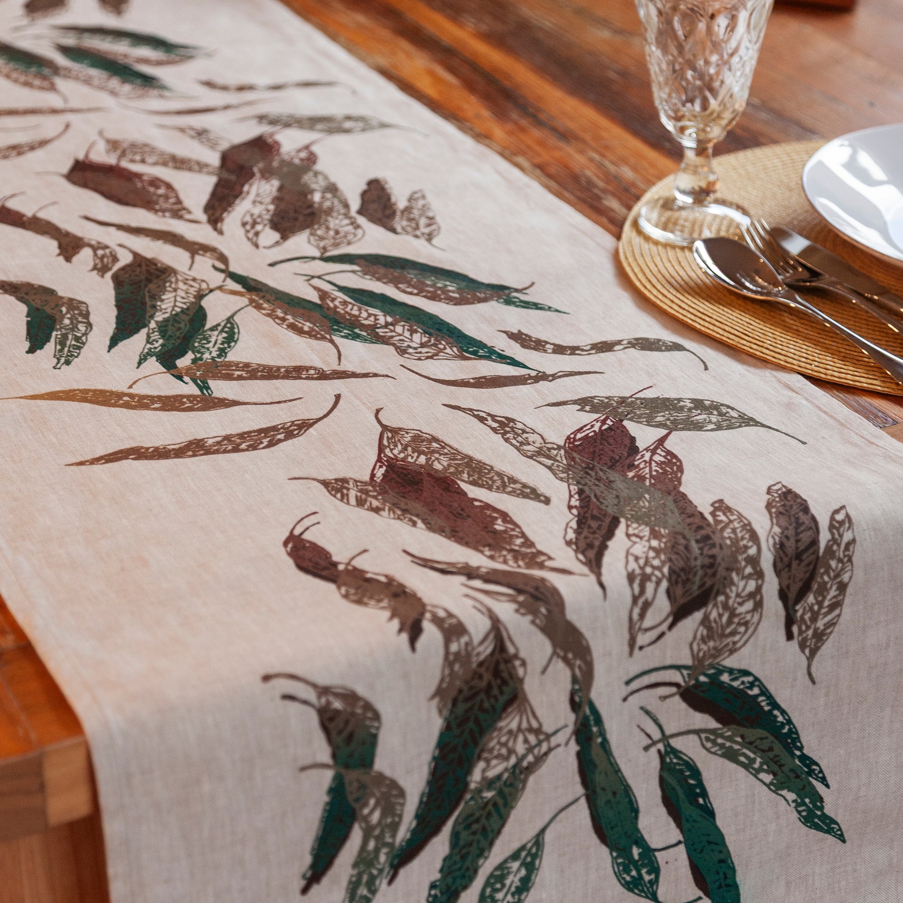 Hand Screen Printed Linen Table Runners-Eucalypt Fallen Leaves