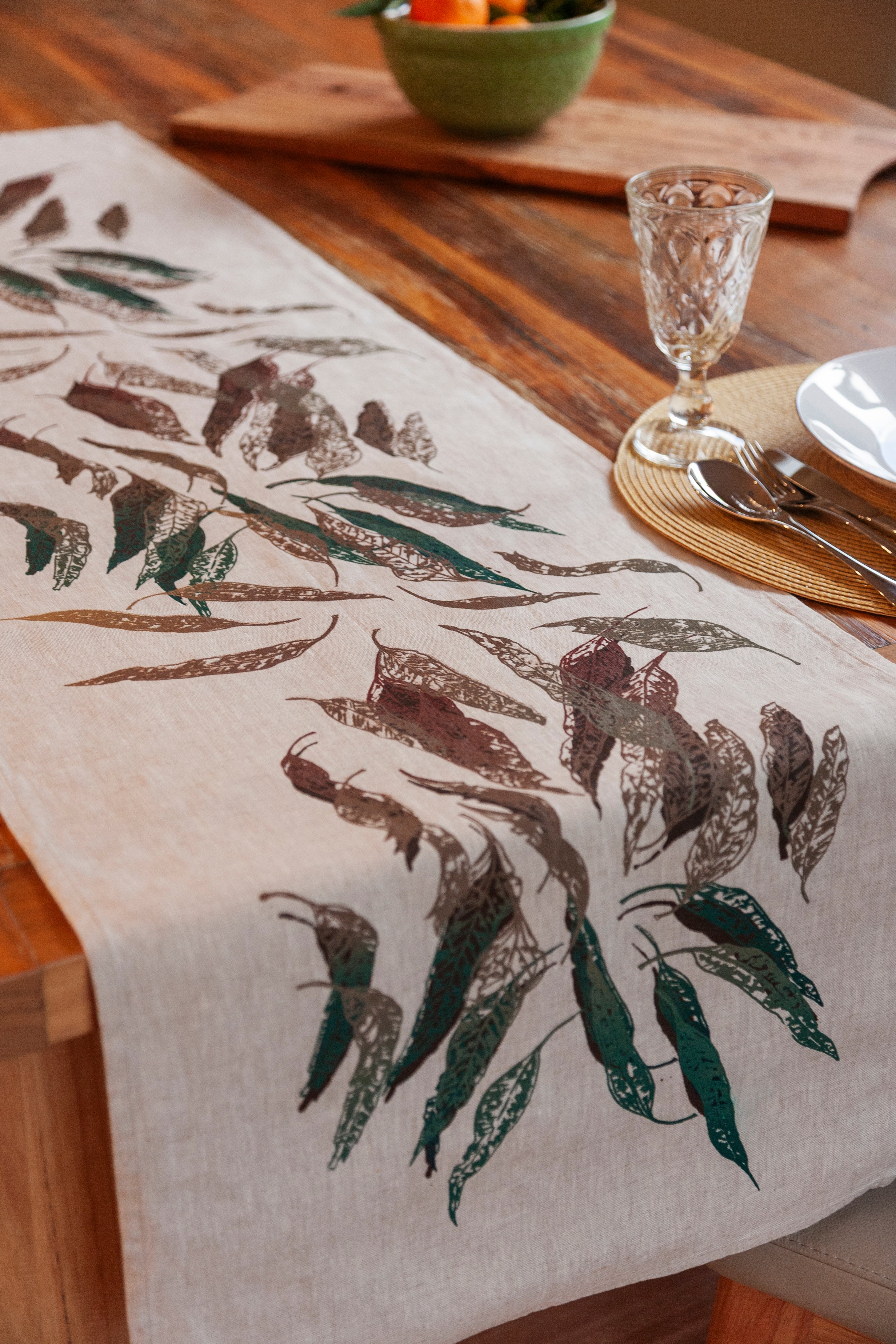 Hand Screen Printed Linen Table Runners-Eucalypt Fallen Leaves