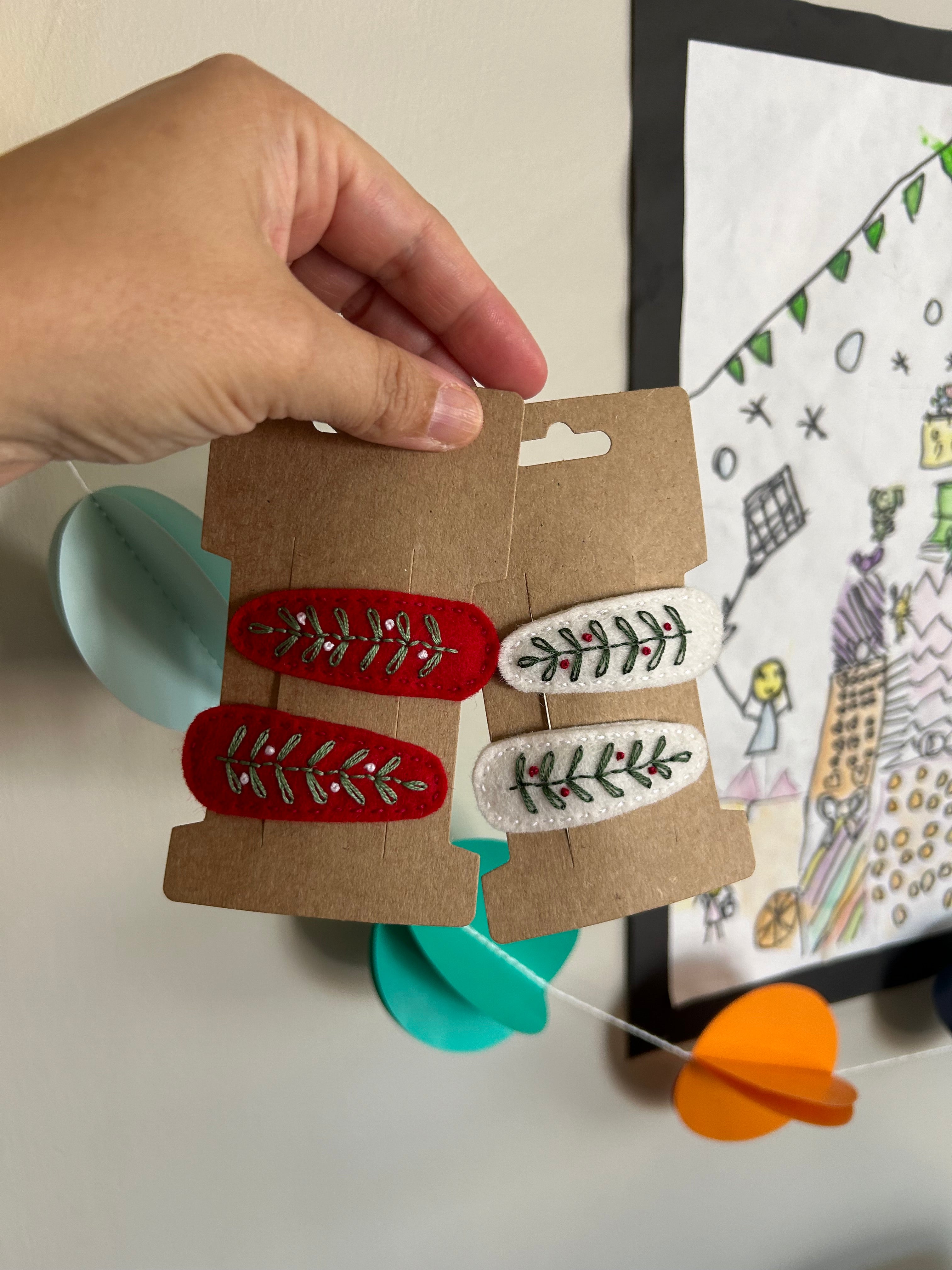 Ready to post, Christmas embroidery felt hair clips