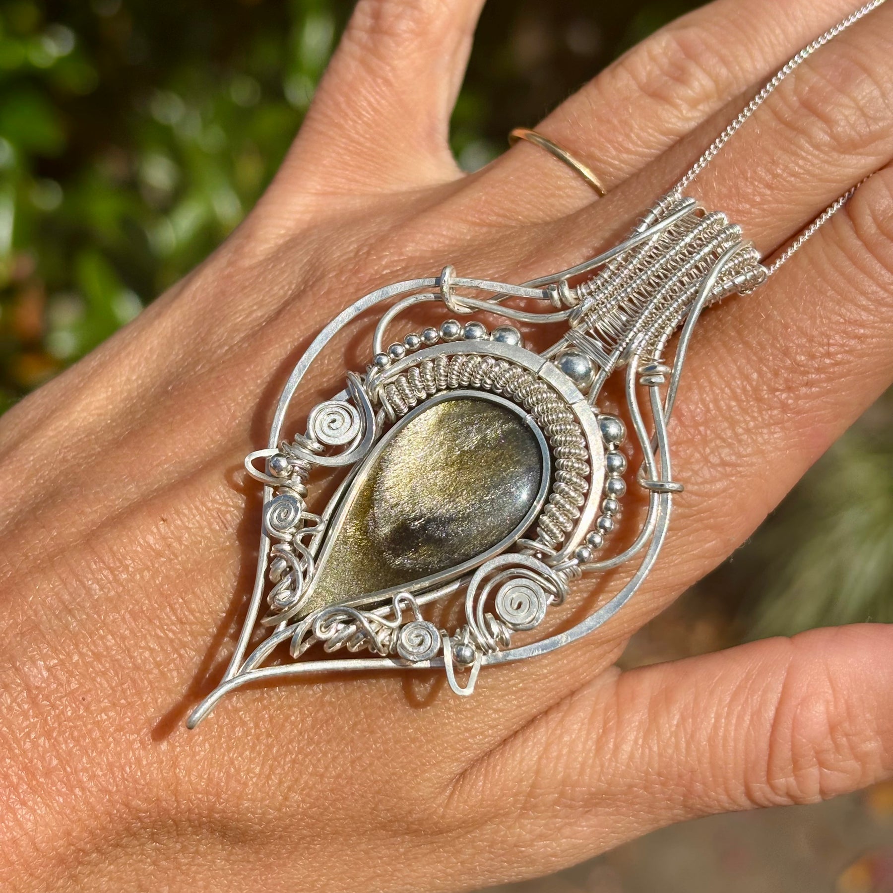 Golden sheen obsidian crystal pendant creation