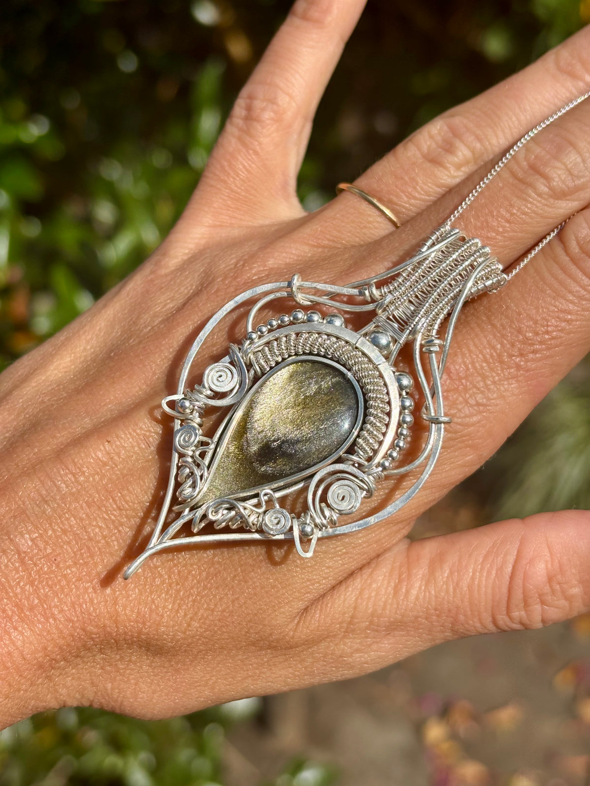 Golden sheen obsidian crystal pendant creation