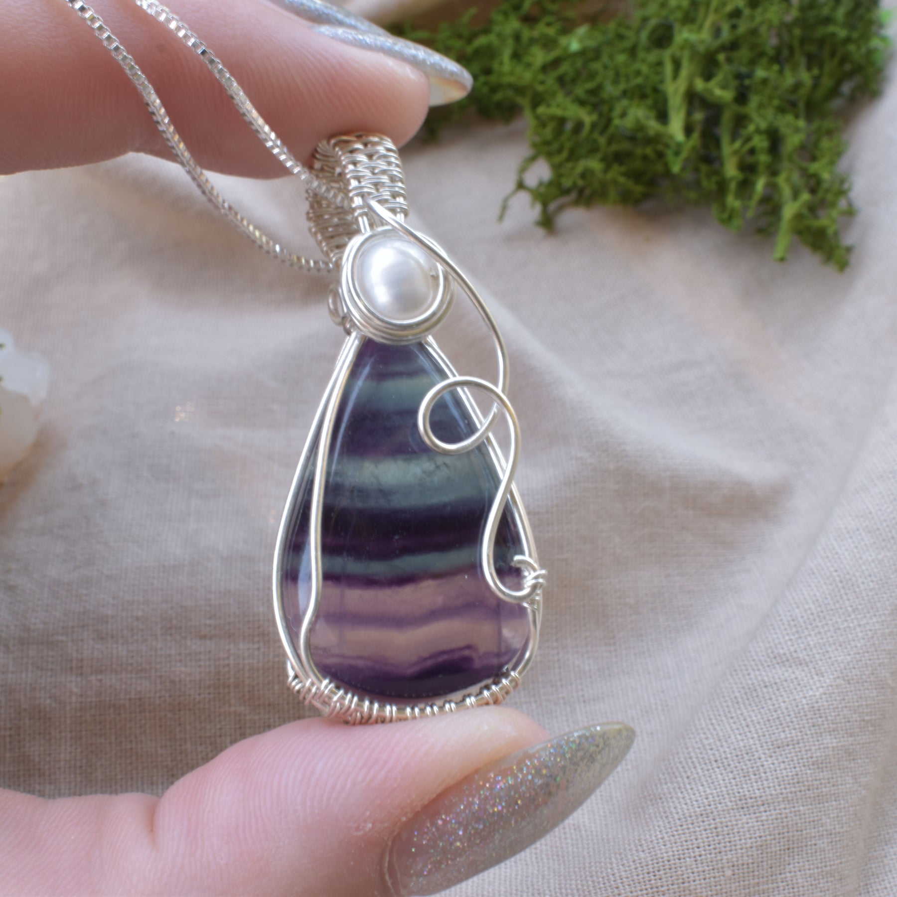 Luminous Balance – Rainbow Fluorite & Pearl Wire Wrapped Pendant