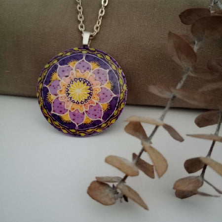 Purple Flower Mandala Ostrich Eggshell Necklace