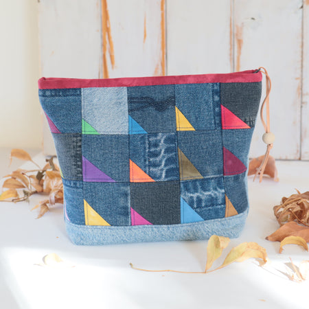 Hand Dyed and Denim Patchwork Zipper Pouch, Makeup Bag