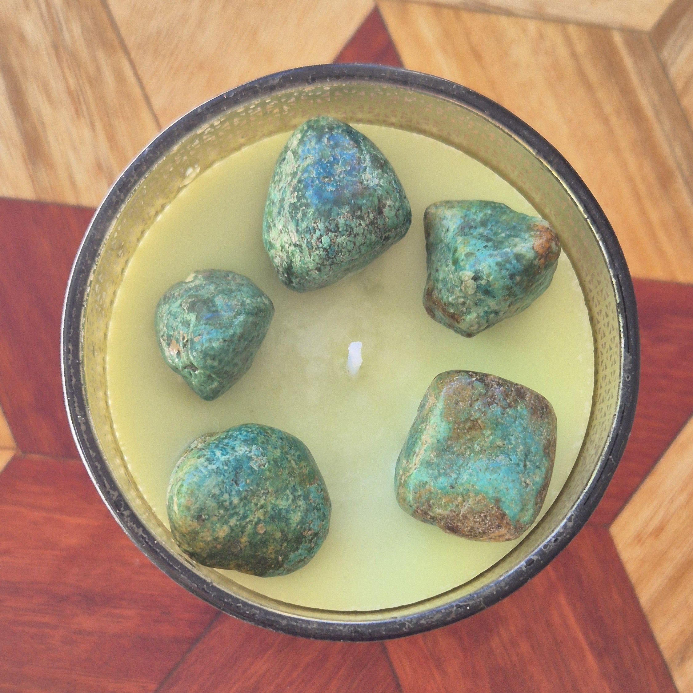 Geometric Pattern sandalwood candle with turquoise stones