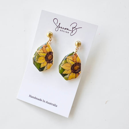 Earrings~ Polymer Clay ~ Resin ~ Sunflower Dangle
