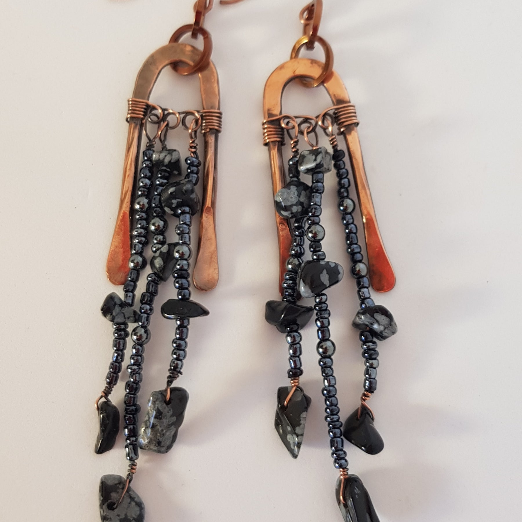 Copper long arched earring with obsidian #670AM/E