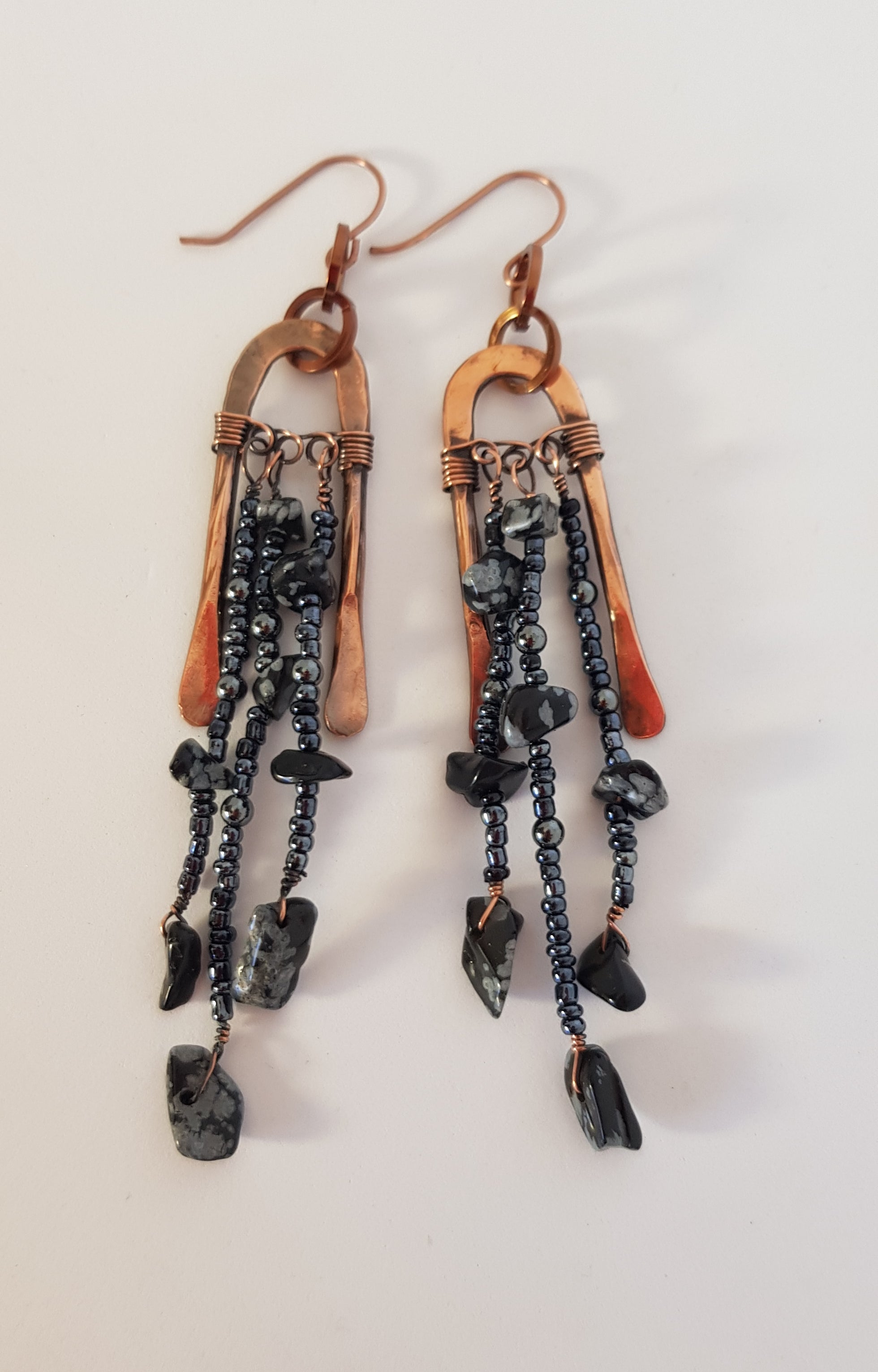 Copper long arched earring with obsidian #670AM/E