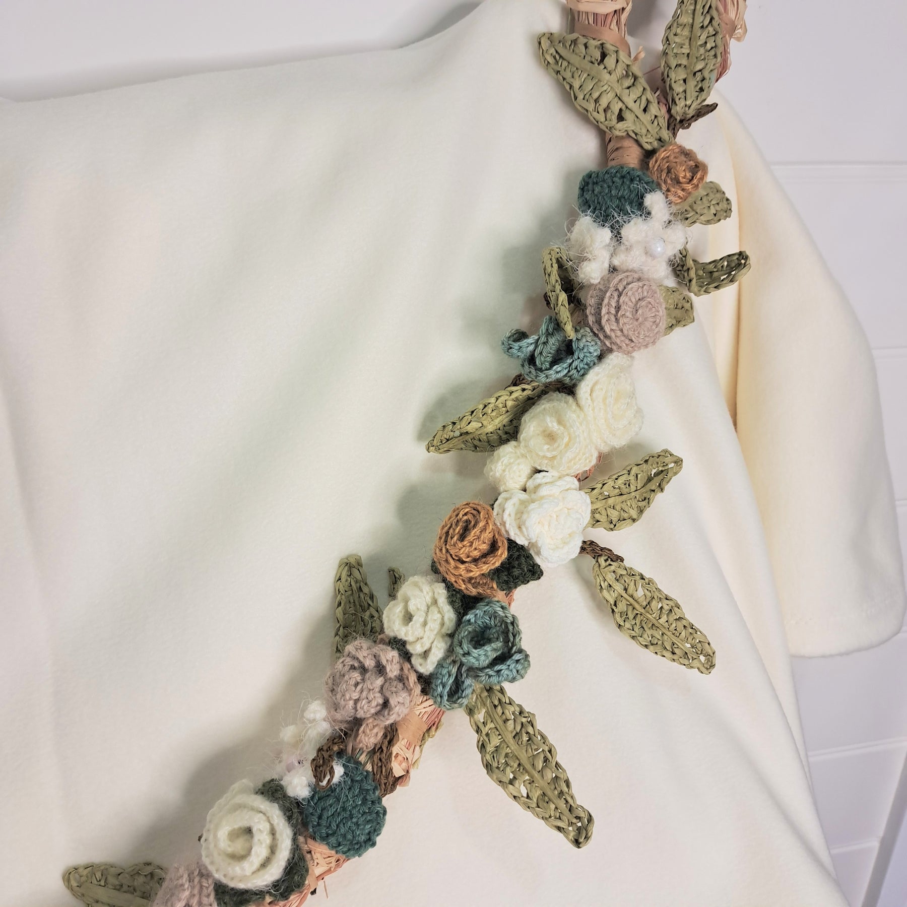 Handmade crochet Wedding Garland, roses, eucalyptus on raffia