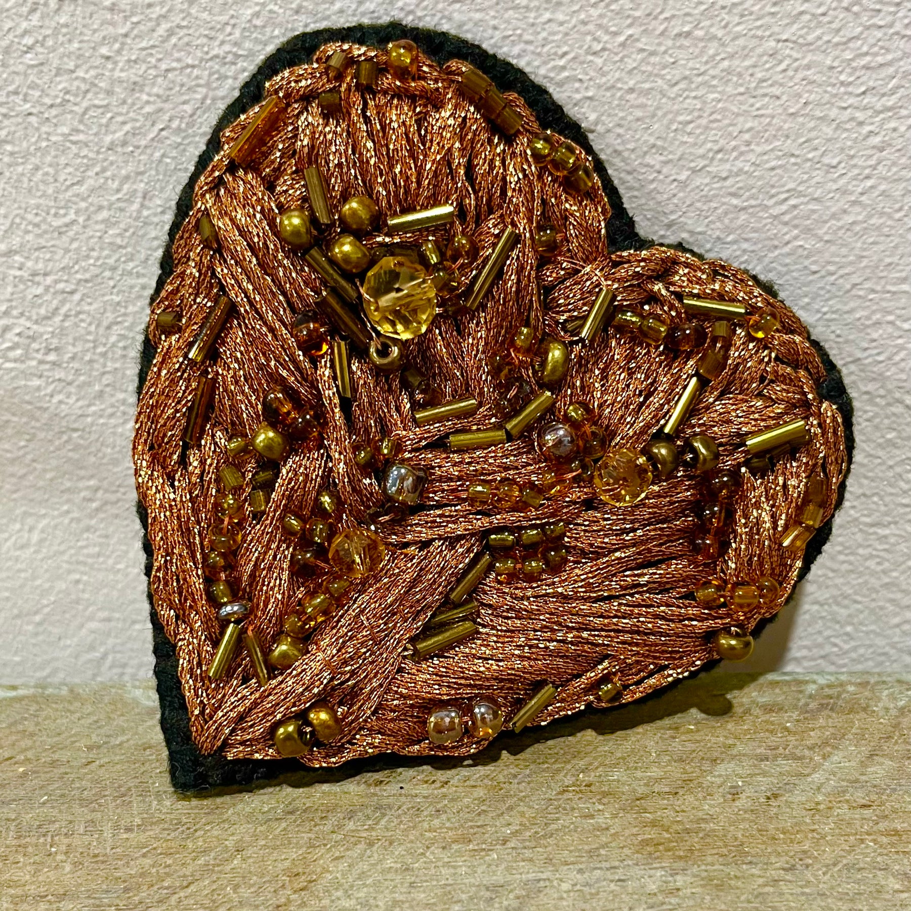 Embroidered Copper Toned Heart Brooch
