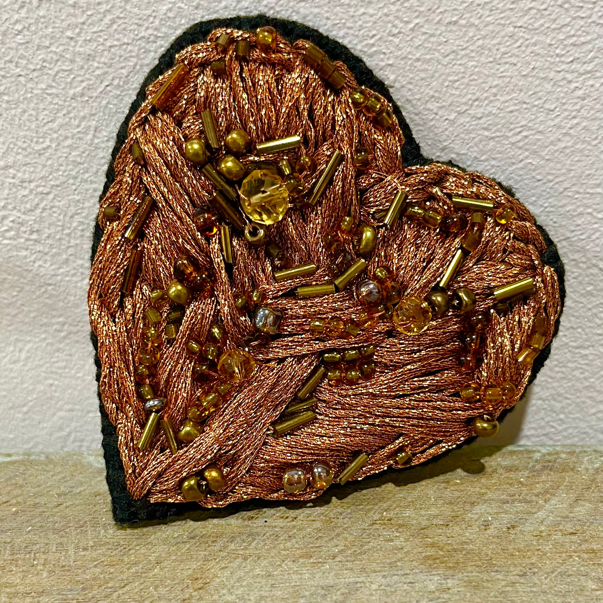 Embroidered Copper Toned Heart Brooch