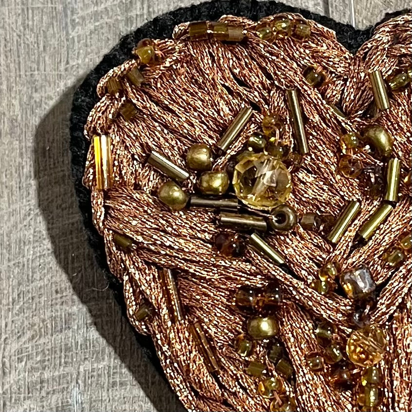 Embroidered Copper Toned Heart Brooch