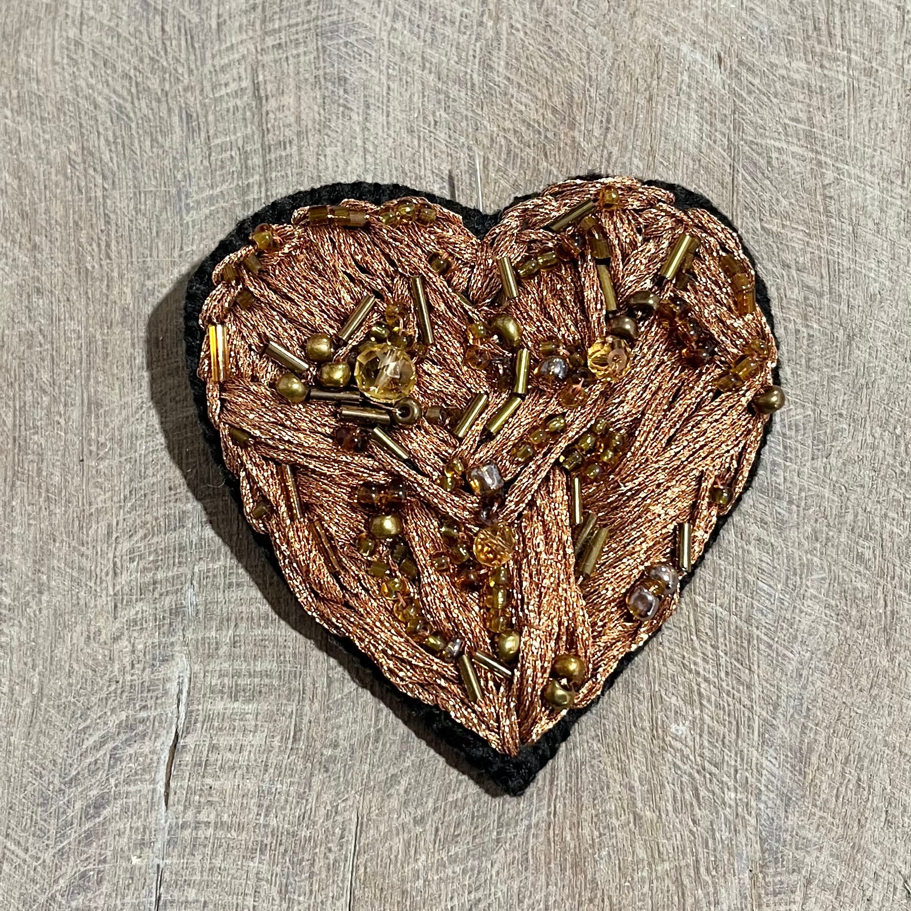 Embroidered Copper Toned Heart Brooch