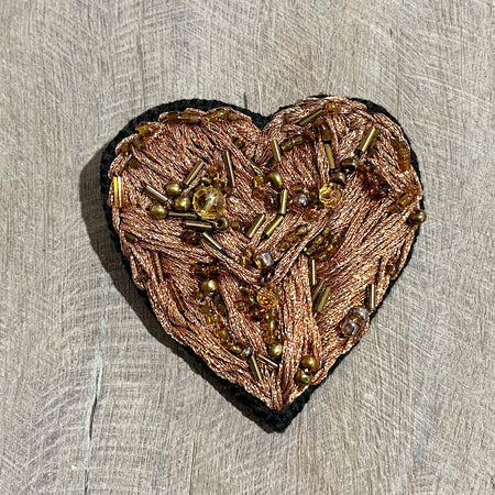 Embroidered Copper Toned Heart Brooch