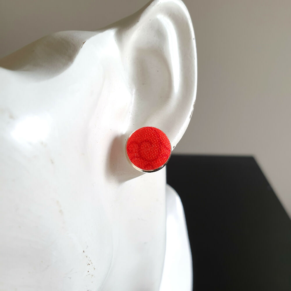 1.4cm Round Red Plants cotton fabric Cabochon stud earrings