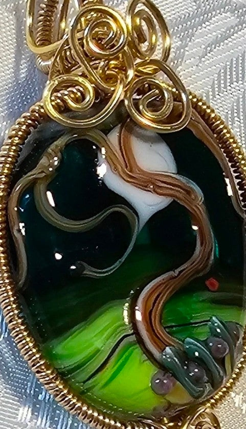 Large Green Lampwork Pendant Wirewrapped in Brass POST FREE