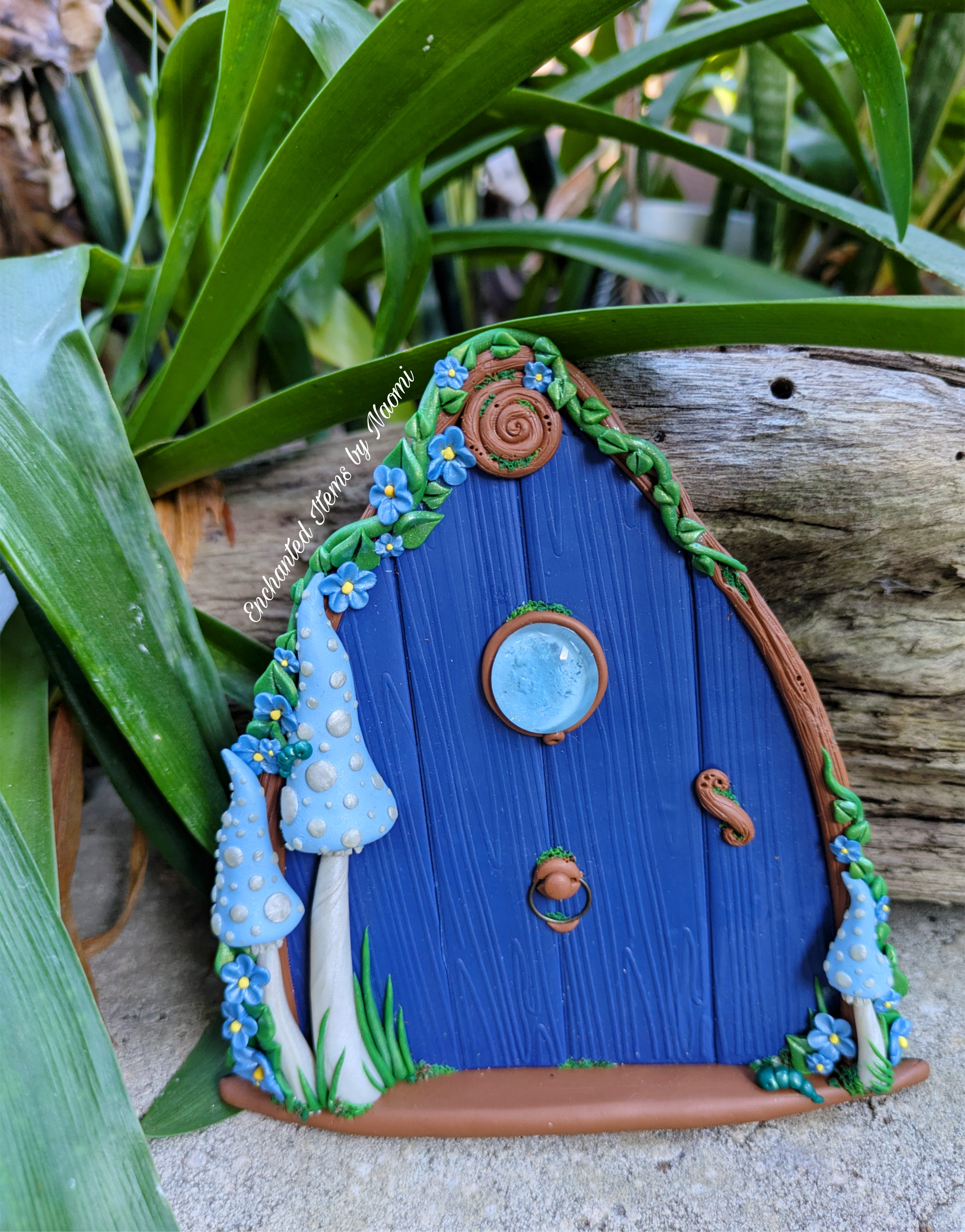Hand Sculpted Blue Faerie Door – Whimsical Polymer Clay Decoration