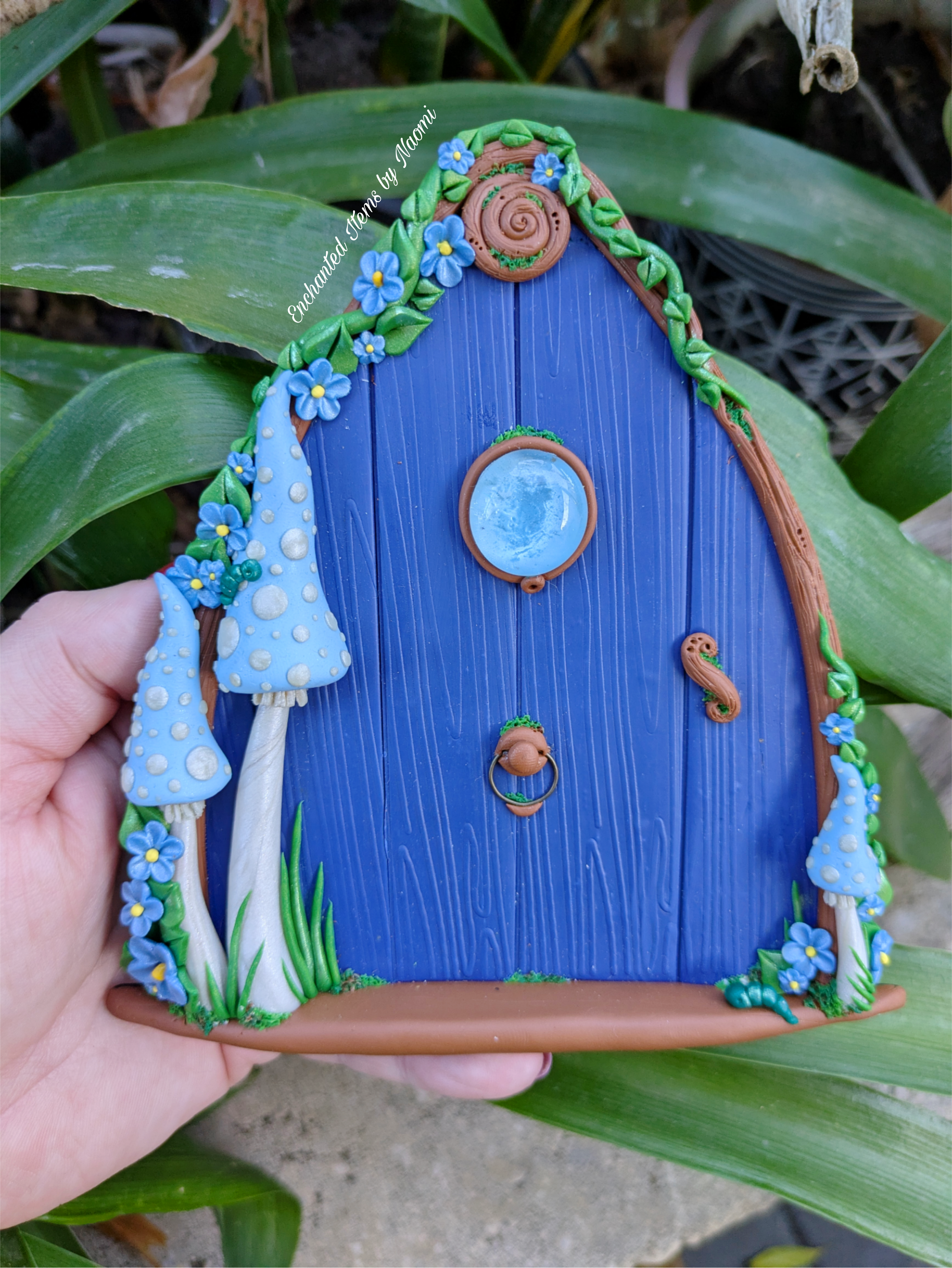 Hand Sculpted Blue Faerie Door – Whimsical Polymer Clay Decoration