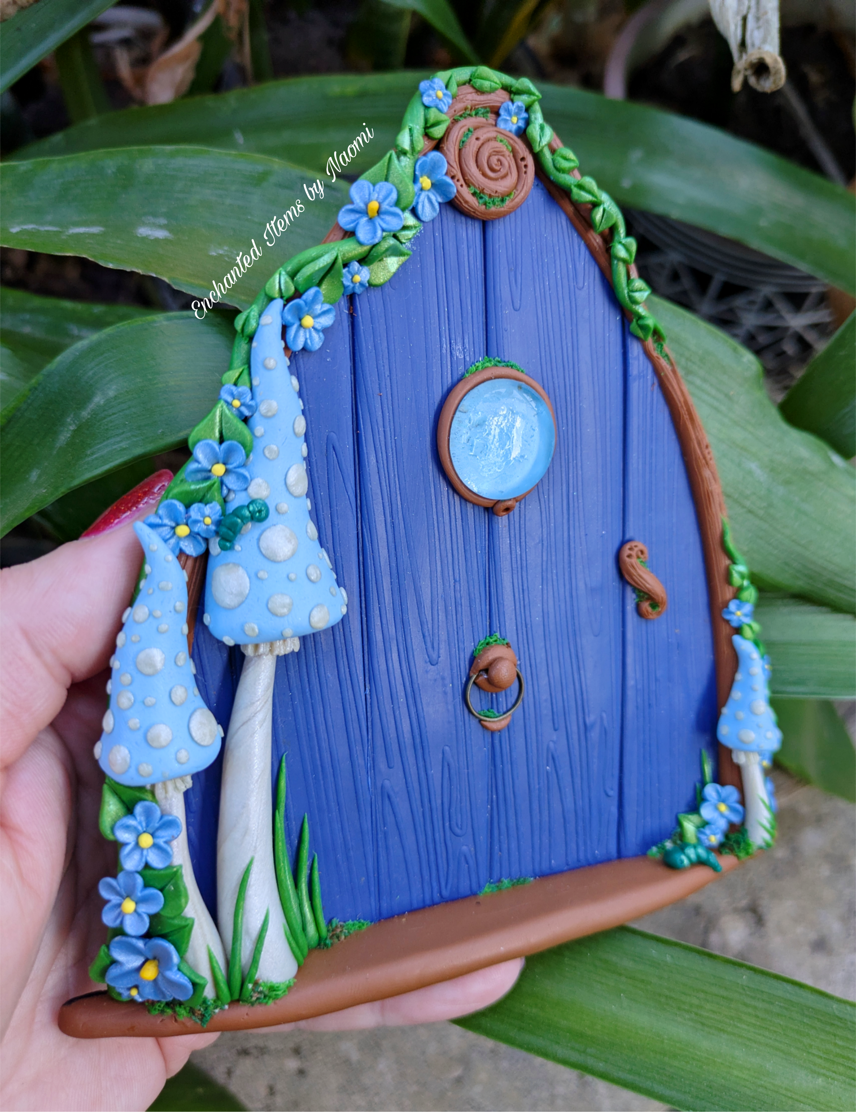 Hand Sculpted Blue Faerie Door – Whimsical Polymer Clay Decoration