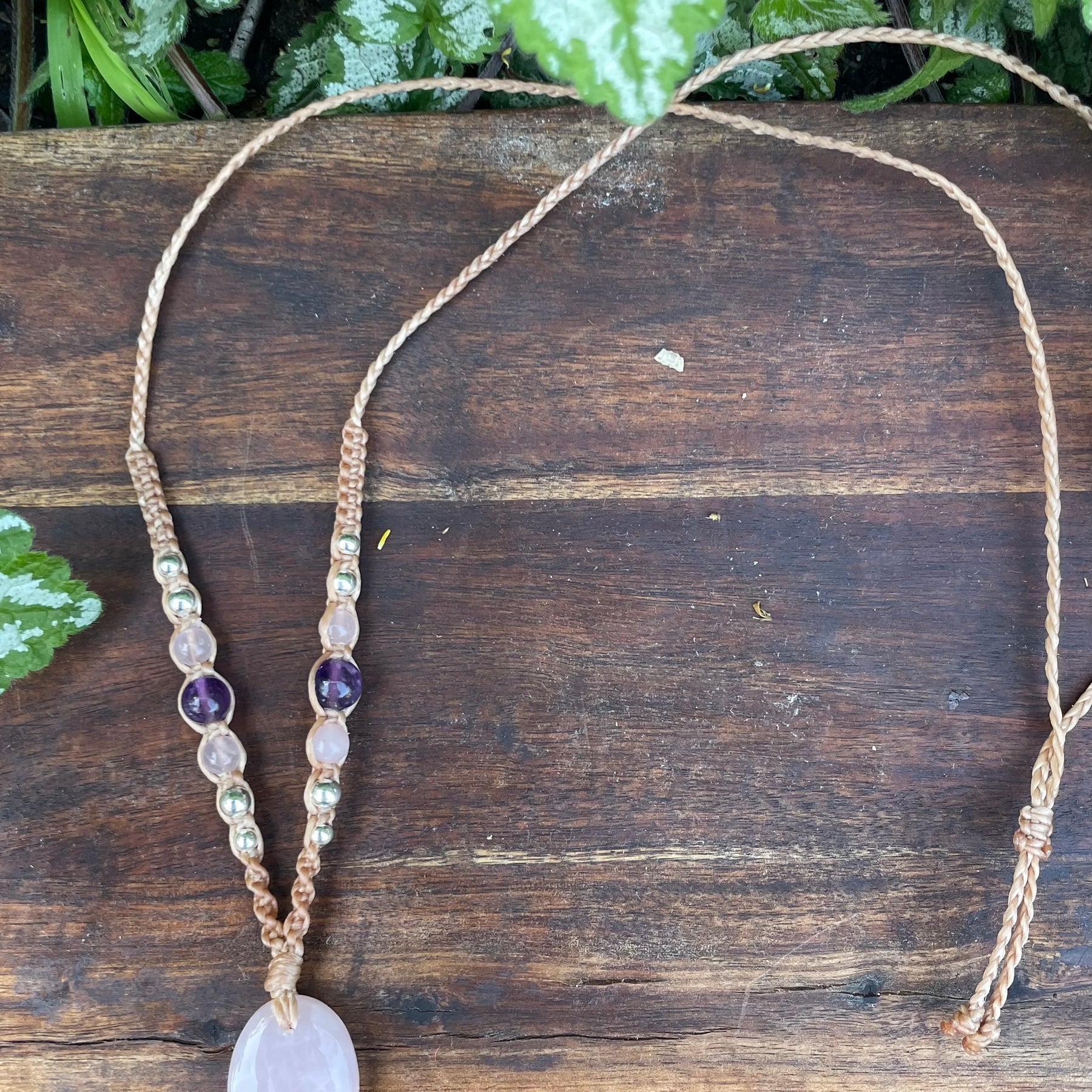 Rose Quartz Pendant, Oval, beaded necklace macrame adjustable