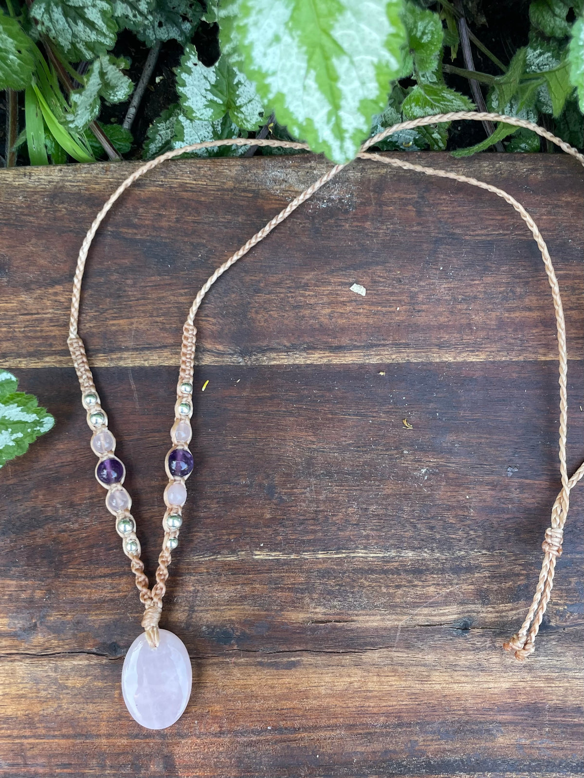 Rose Quartz Pendant, Oval, beaded necklace macrame adjustable