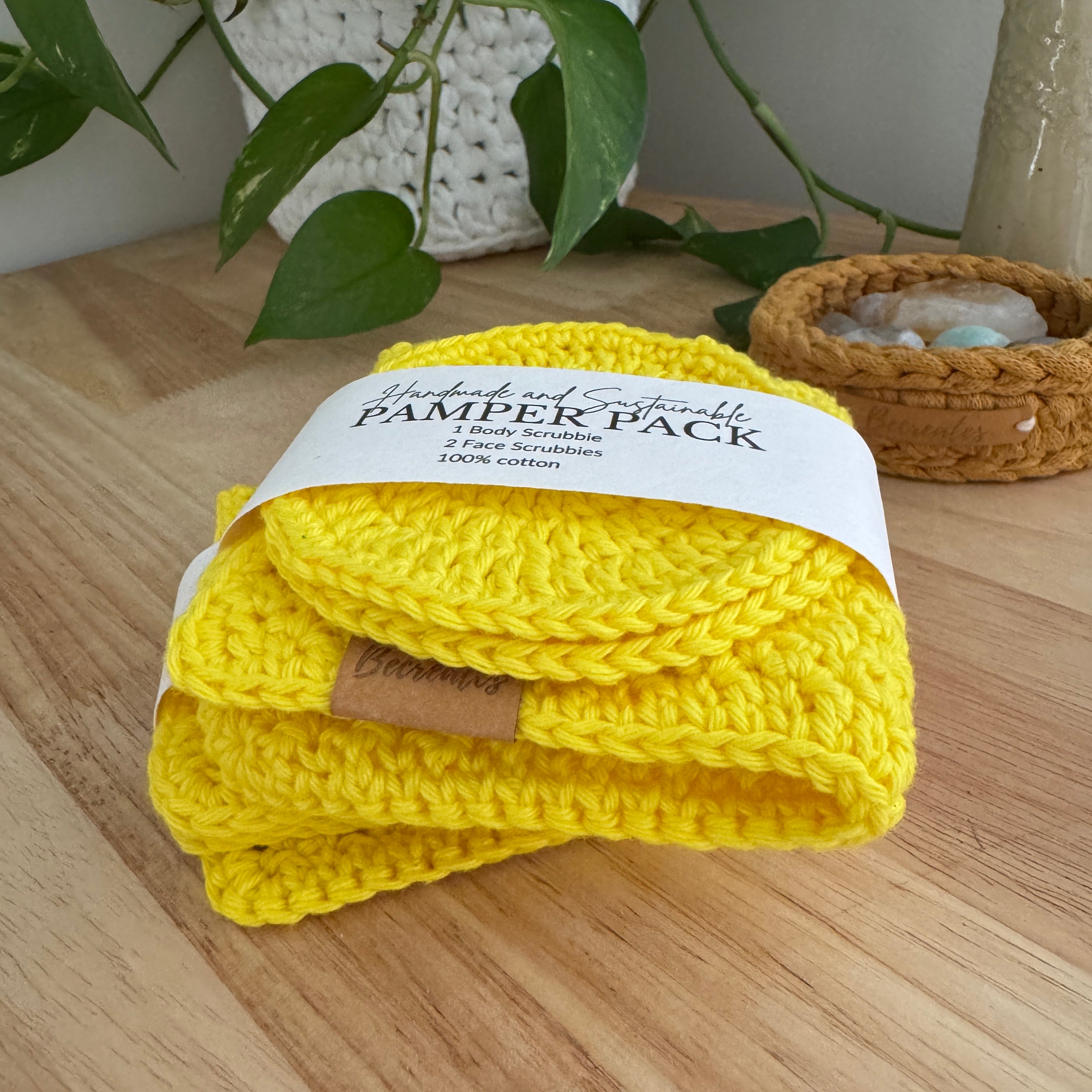 Sunshine Yellow Handmade Pamper Pack | Crochet Body & Face Scrubbie set