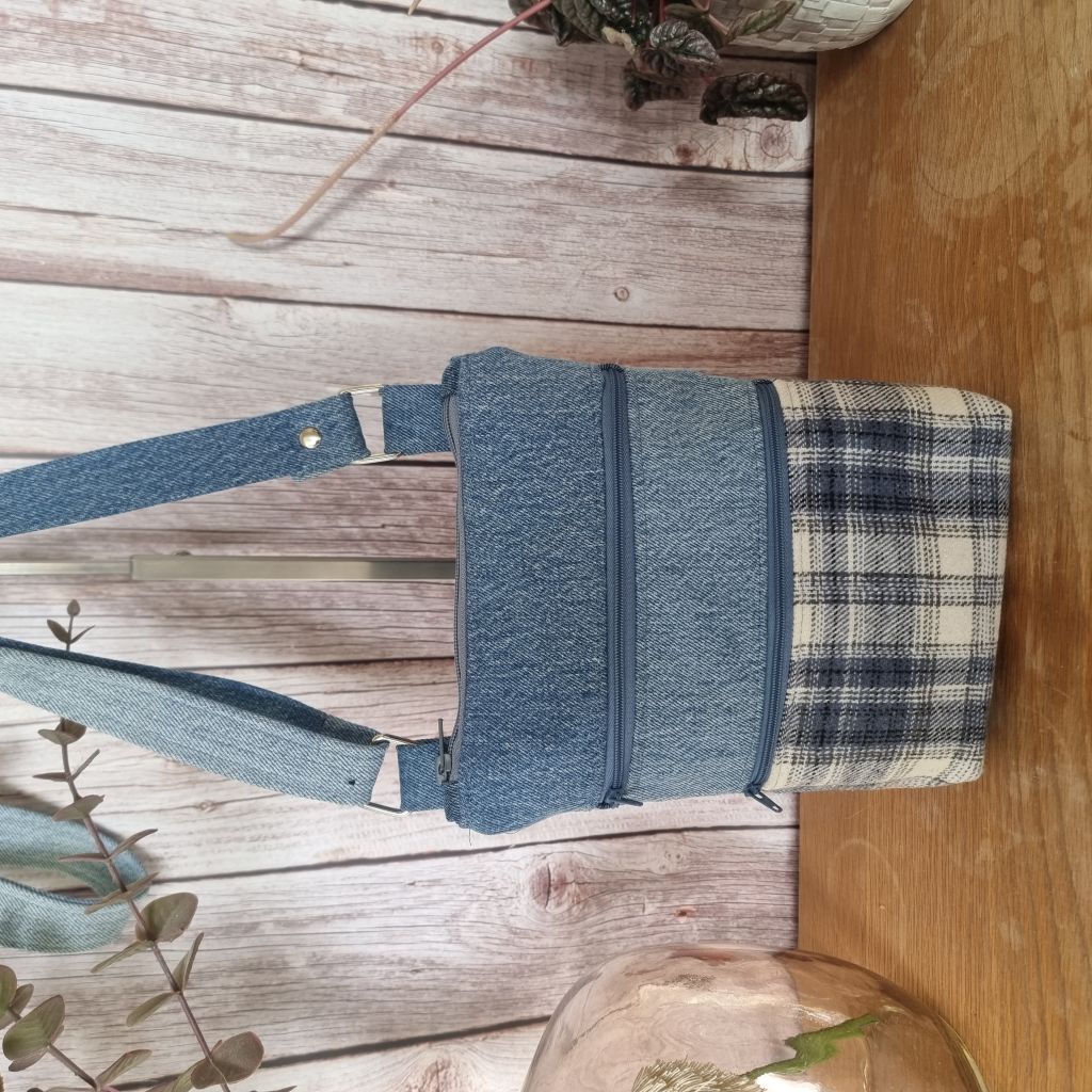 Upcycled triple zipped crossbody - denim and blue grey checked flannel