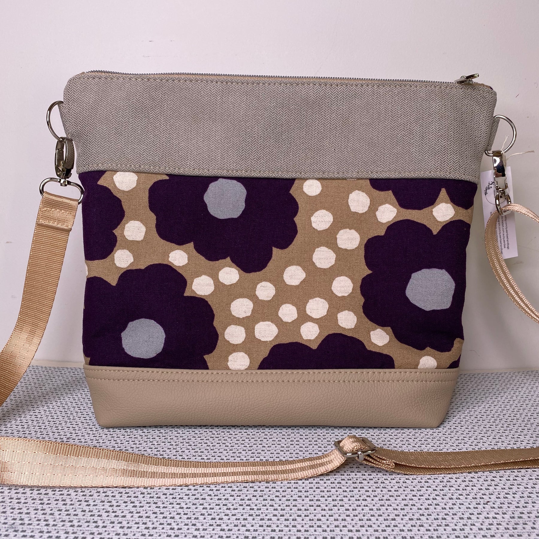 Lola Crossbody Bag - Purple Flowers & Beige Fabric with Beige Faux Leather Base