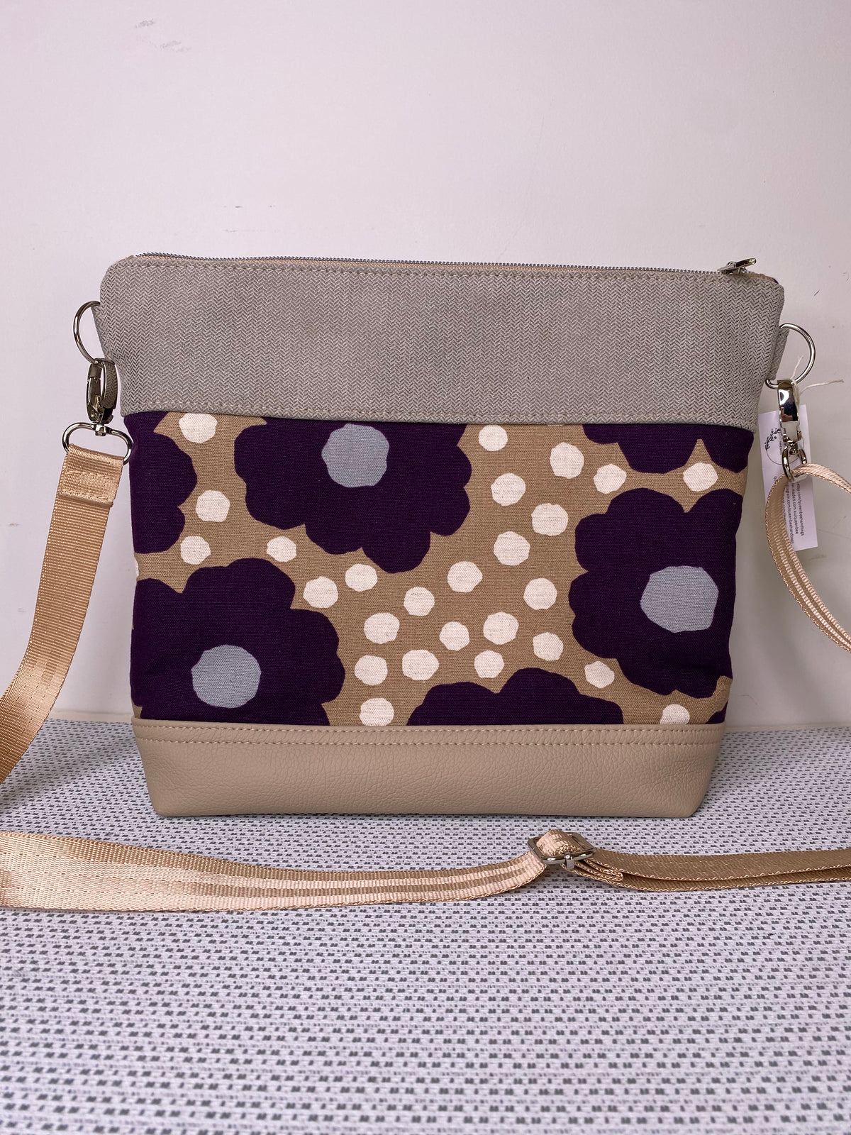 Lola Crossbody Bag - Purple Flowers & Beige Fabric with Beige Faux Leather Base