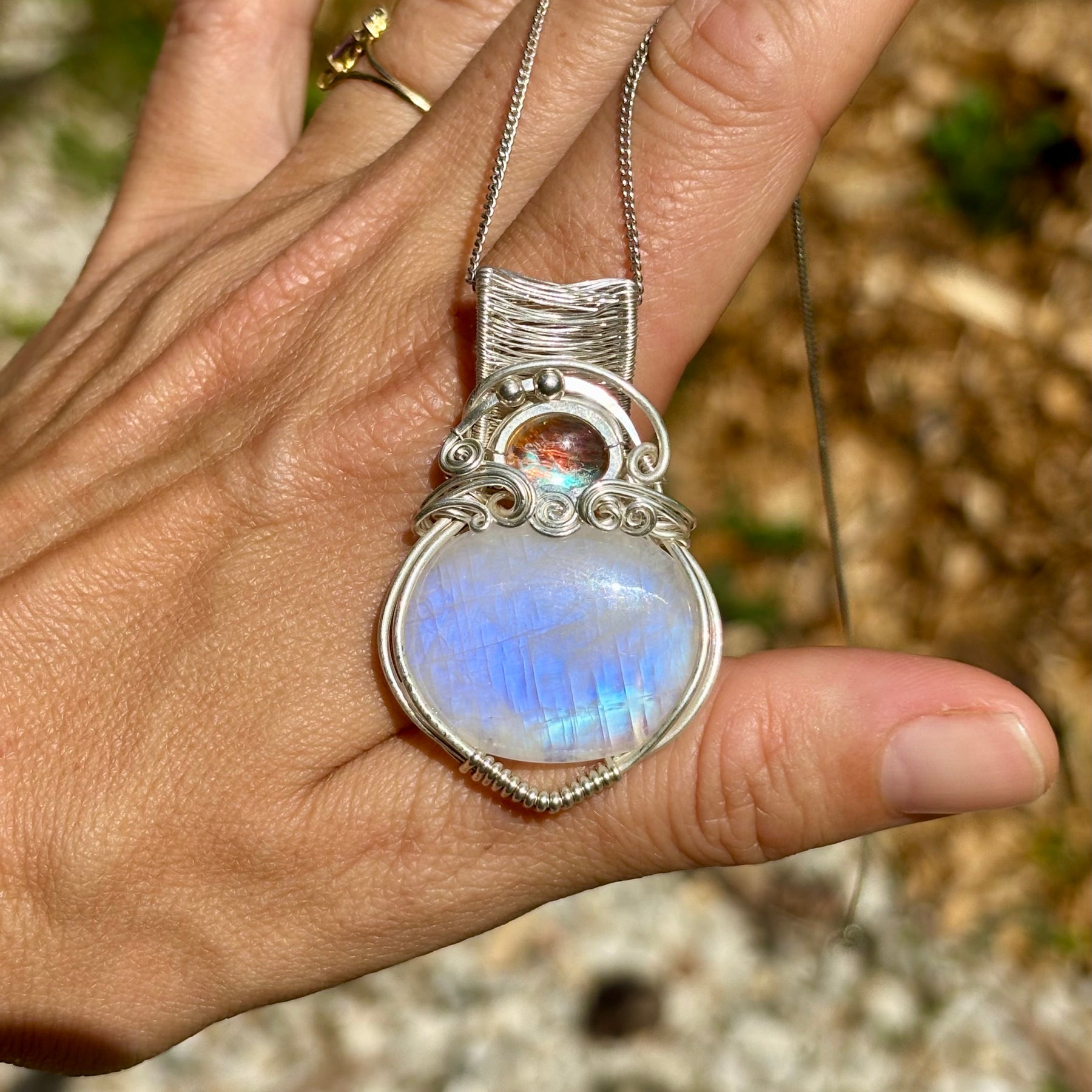 Moonstone Aura Quartz silver crystal pendant