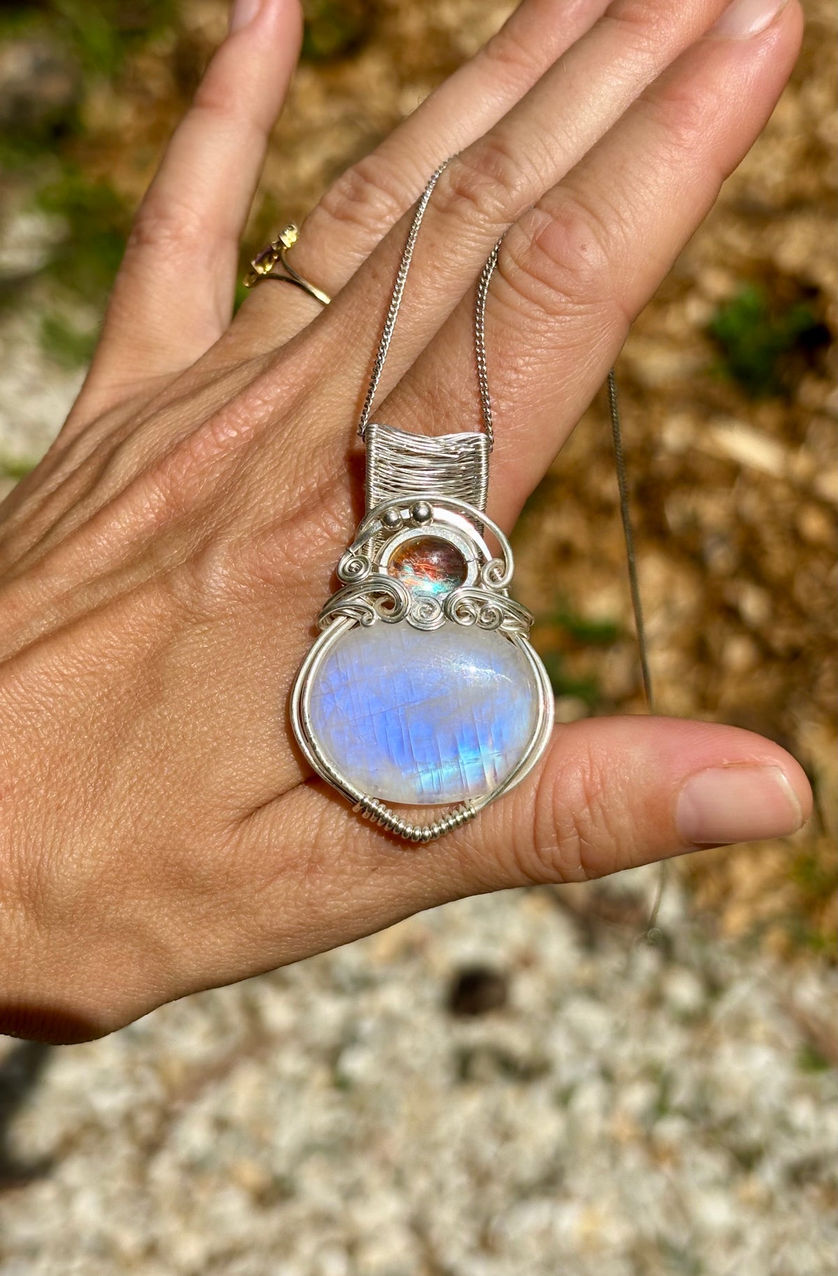 Moonstone Aura Quartz silver crystal pendant