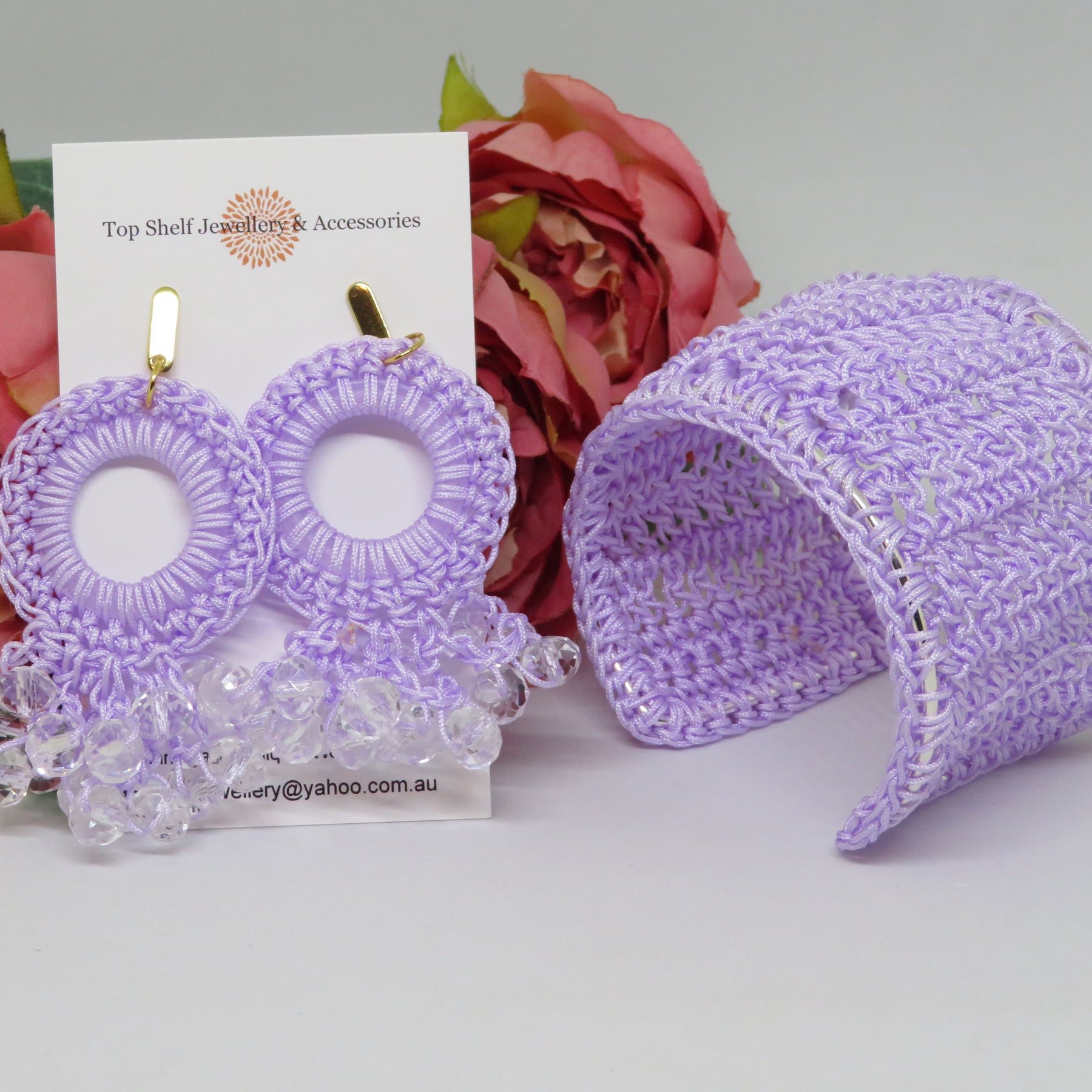 Lilac Bespoke Cuff Bracelet Crochet Boho Thread Chandelier Beaded Earrings