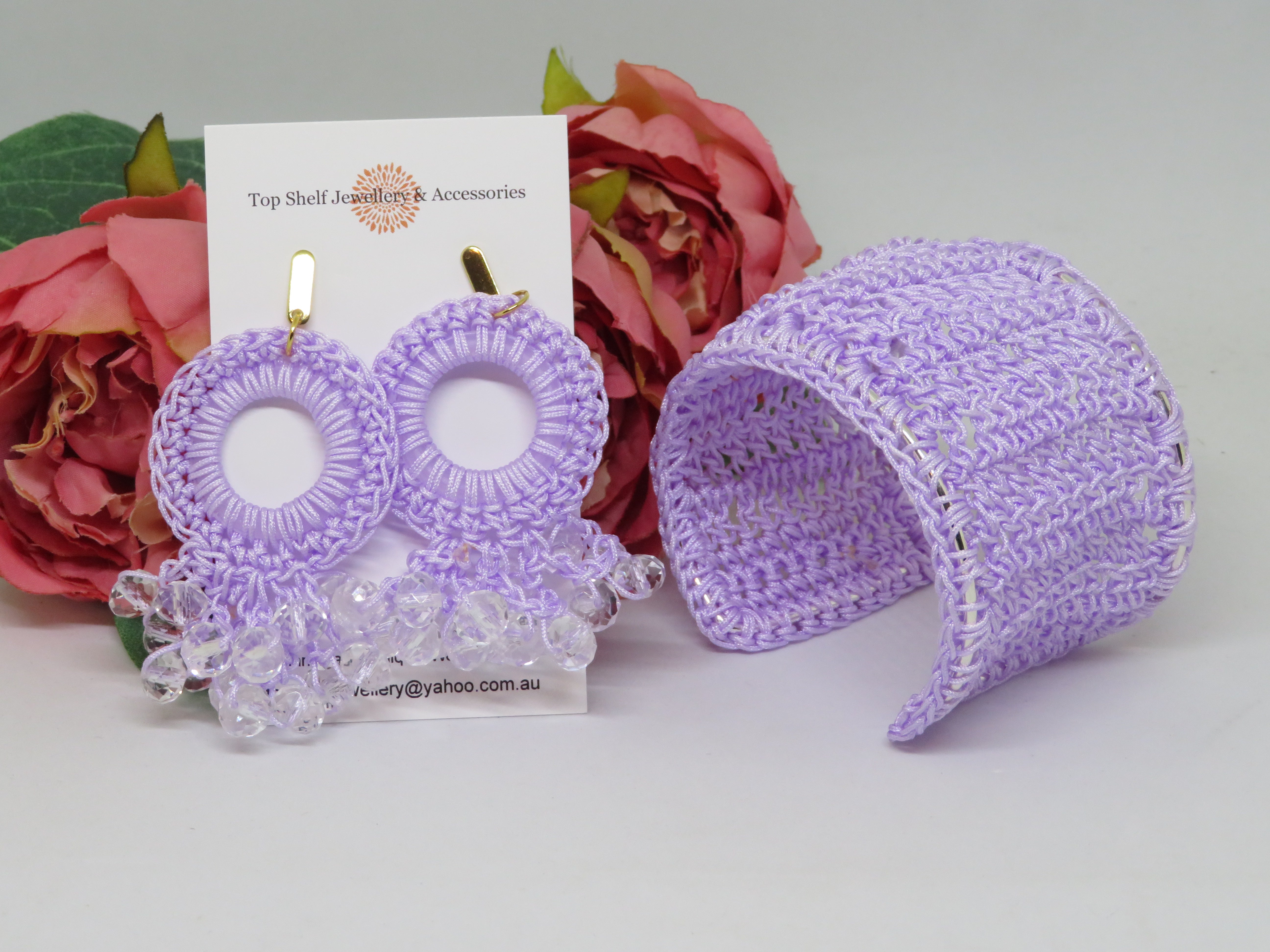 Lilac Bespoke Cuff Bracelet Crochet Boho Thread Chandelier Beaded Earrings