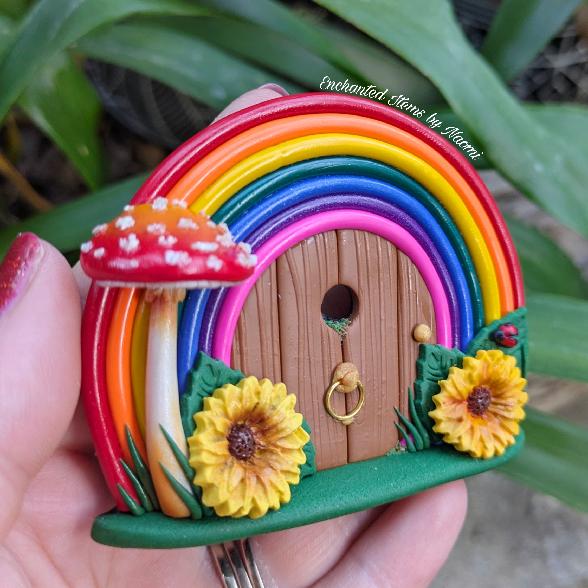 Hand-Sculpted Rainbow Fairy Doors with Sunflowers – Two Unique Designs