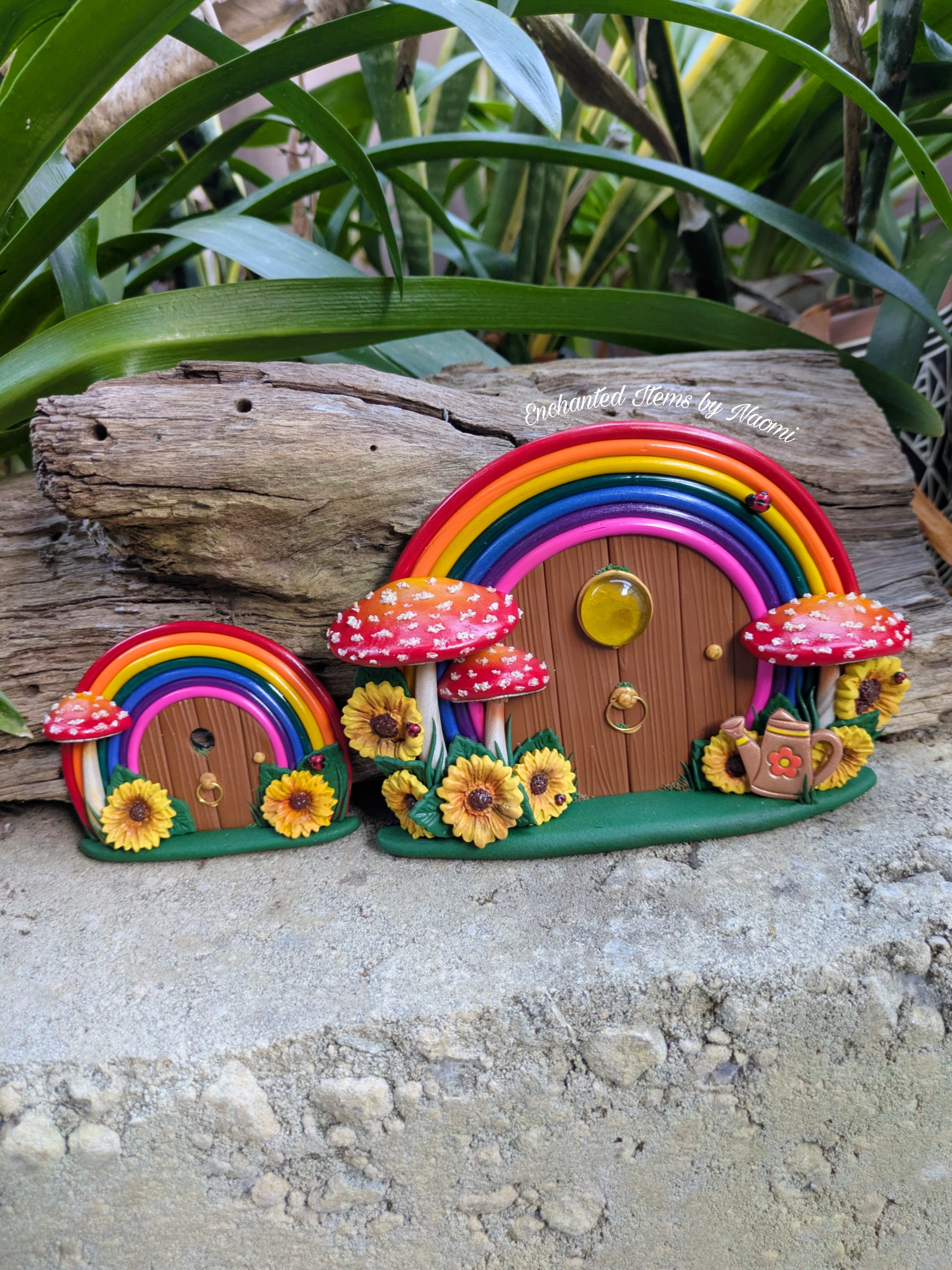 Hand-Sculpted Rainbow Fairy Doors with Sunflowers – Two Unique Designs