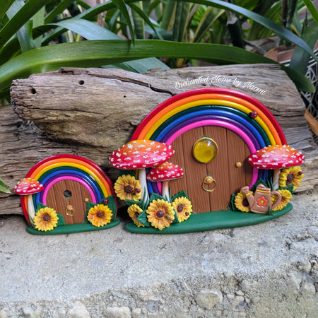 Hand-Sculpted Rainbow Fairy Doors with Sunflowers – Two Unique Designs