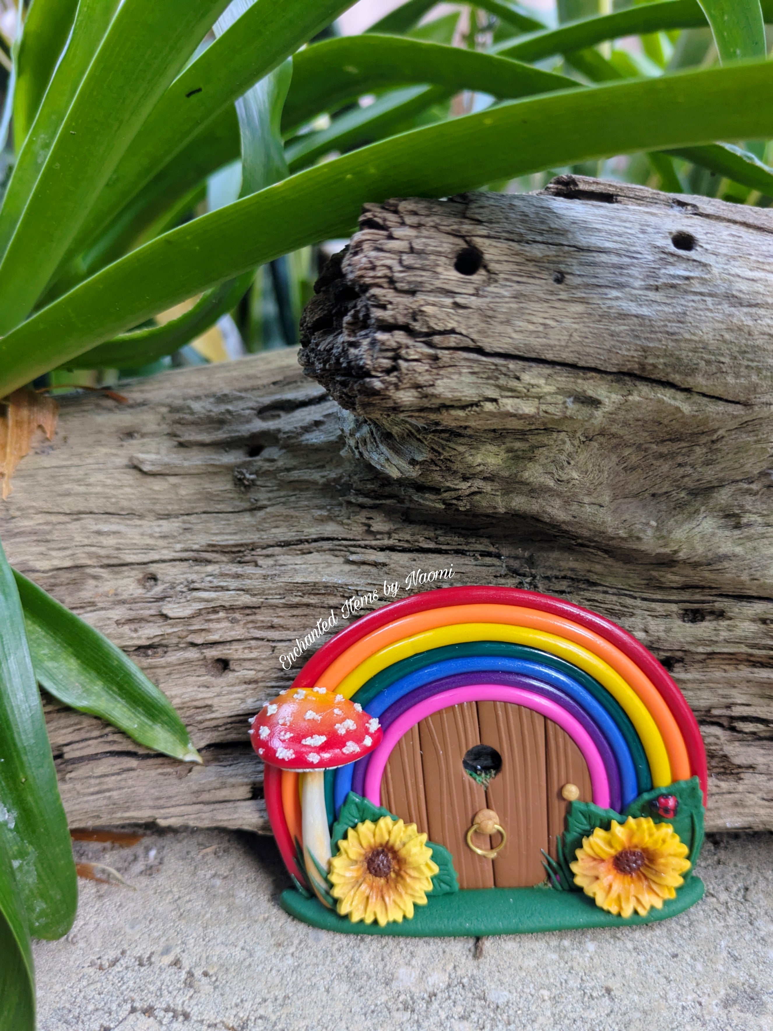 Hand-Sculpted Rainbow Fairy Doors with Sunflowers – Two Unique Designs