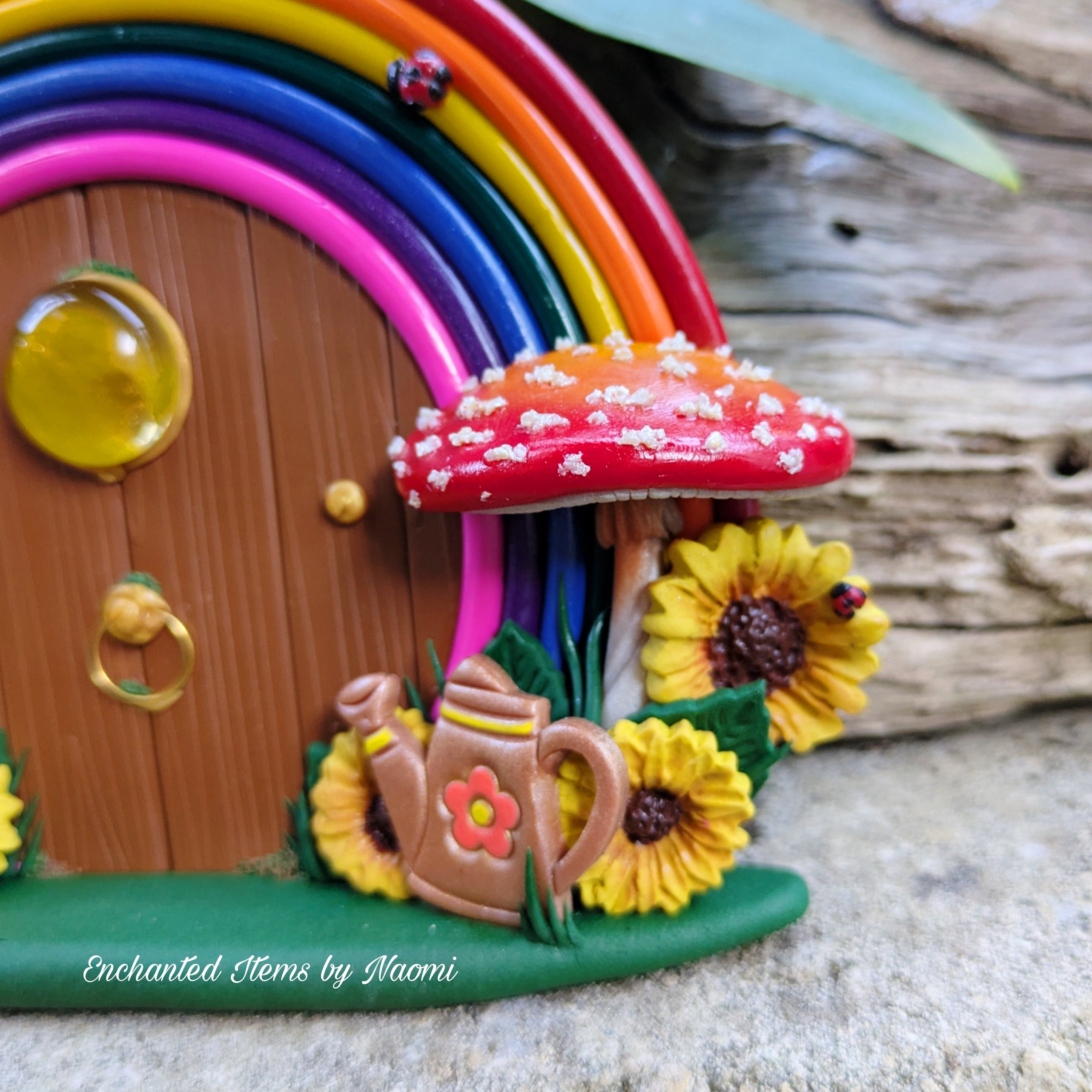 Hand-Sculpted Rainbow Fairy Doors with Sunflowers – Two Unique Designs
