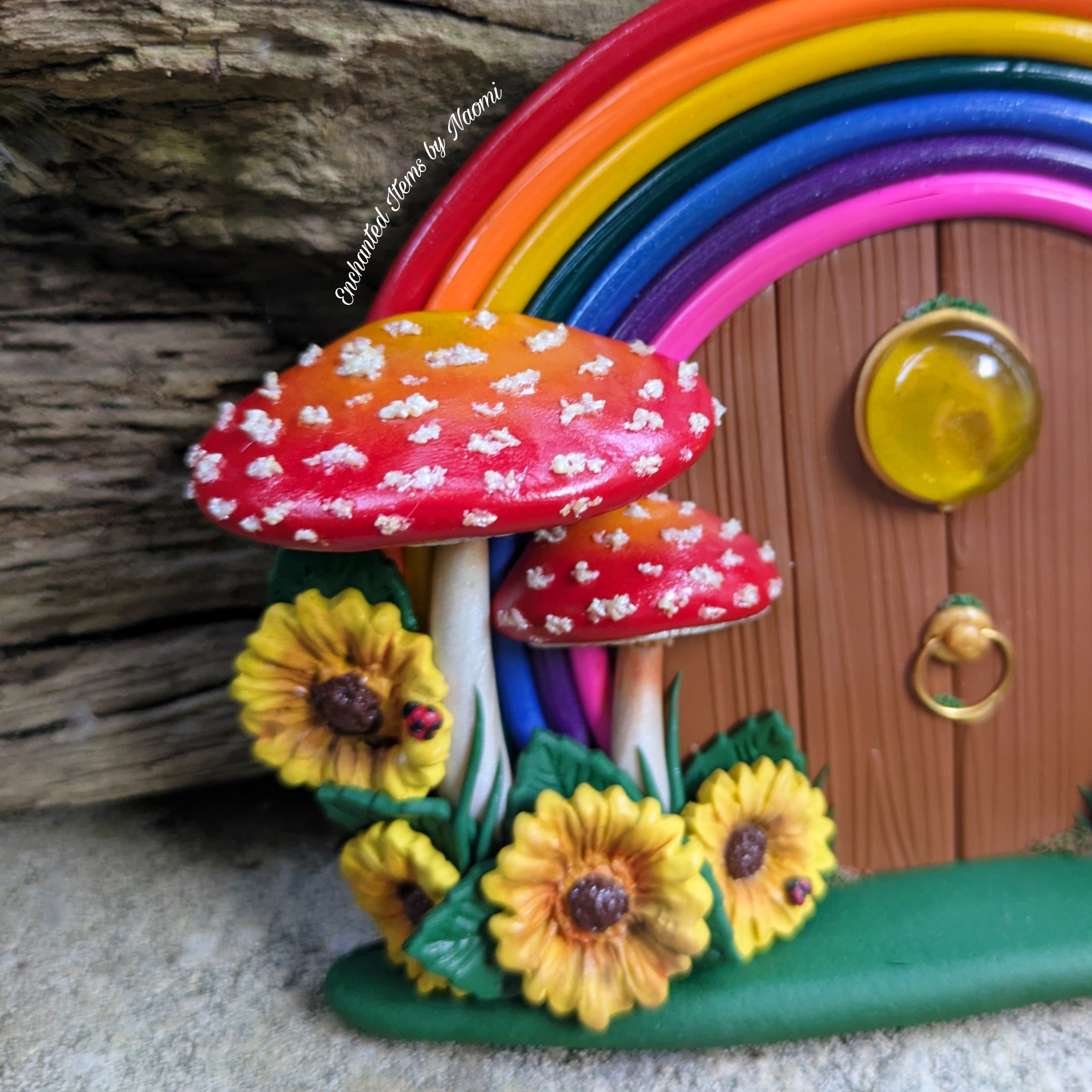 Hand-Sculpted Rainbow Fairy Doors with Sunflowers – Two Unique Designs