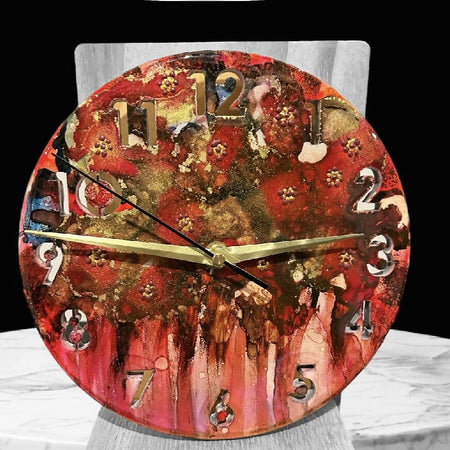 Timber Clock | 20cm Alcohol Ink - Resin / Red-Gold