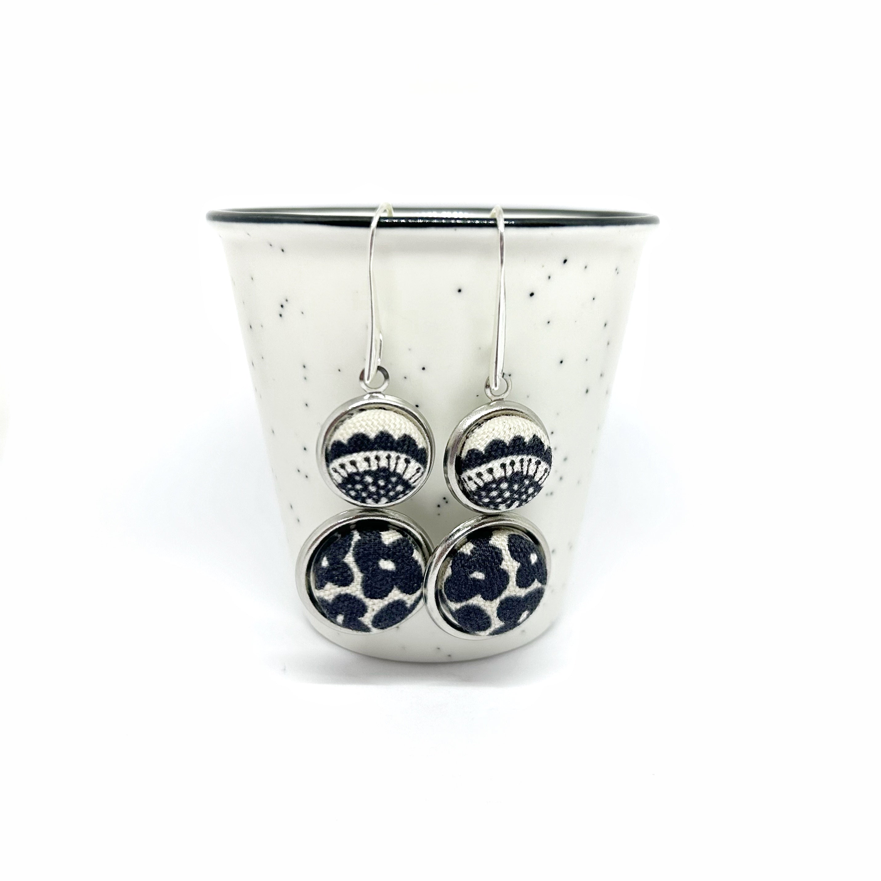 Double Drop Kimono Fabric Button Earrings - Black and Cream