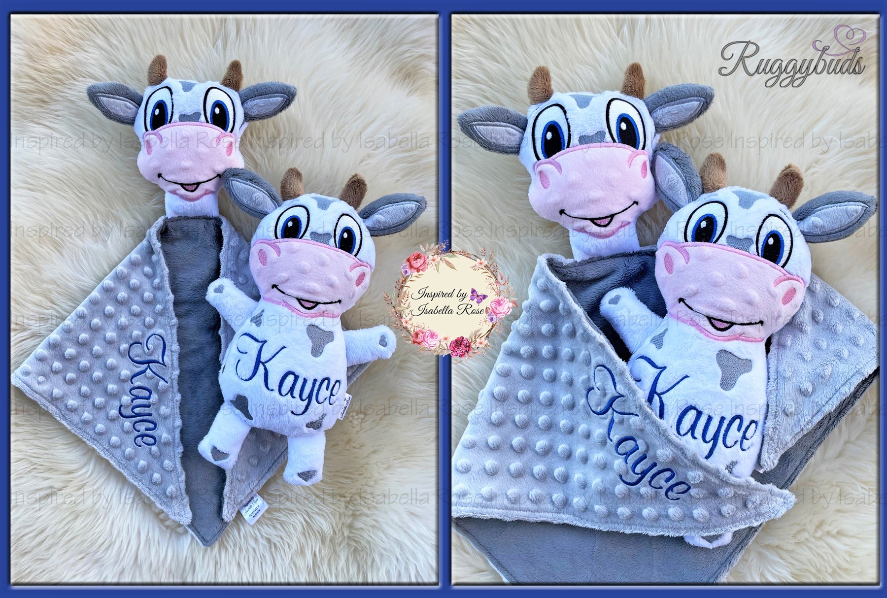Baby comforter, Embroidered name, Cow themed Ruggybud, Made to order