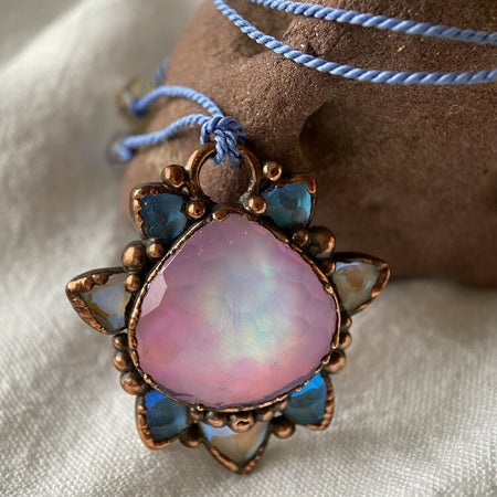 Aurora Opal Pendant, Lab Created Opal on silk cord