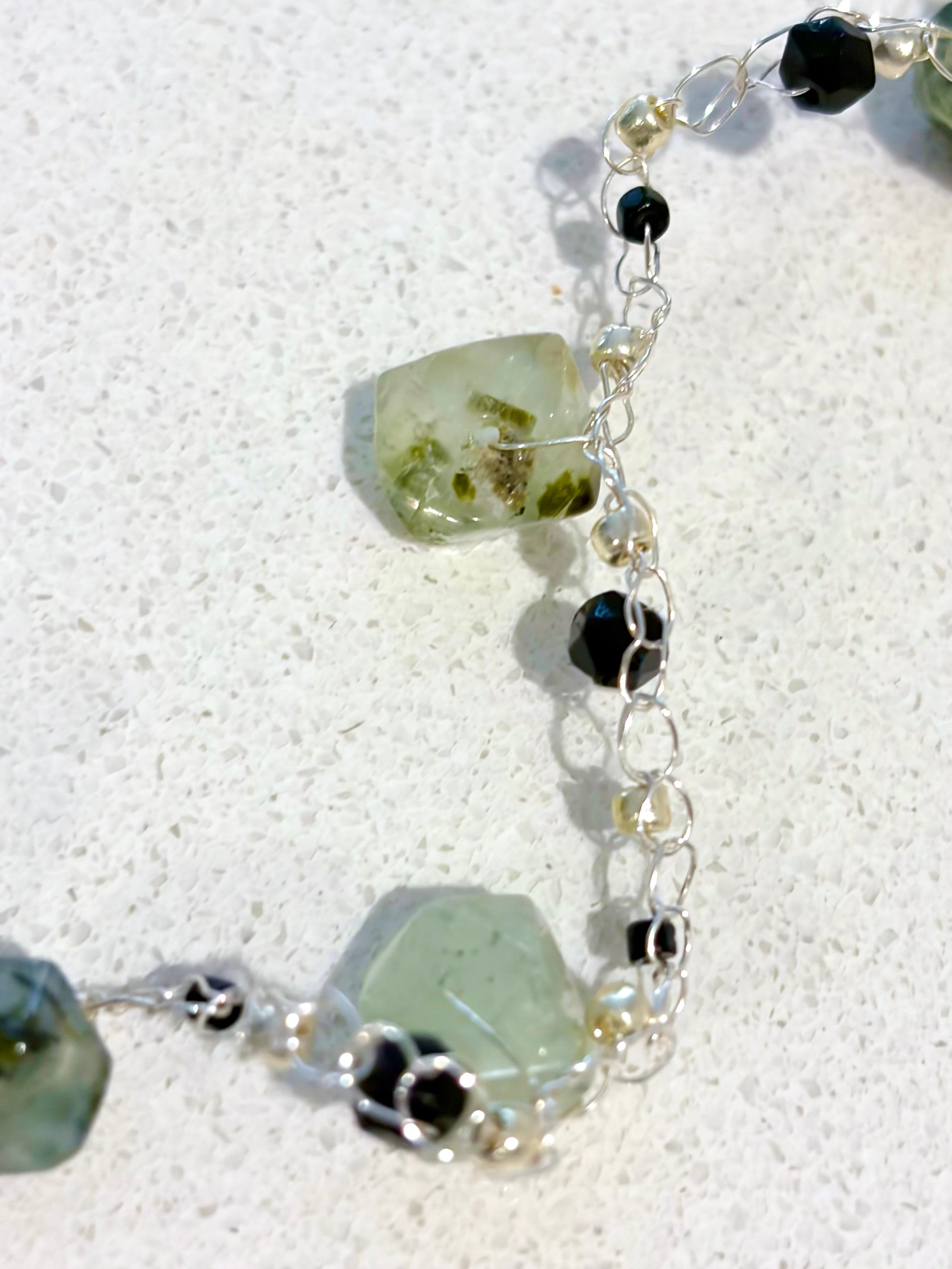 Prehnite & Onyx Crochet Necklace “Dream”