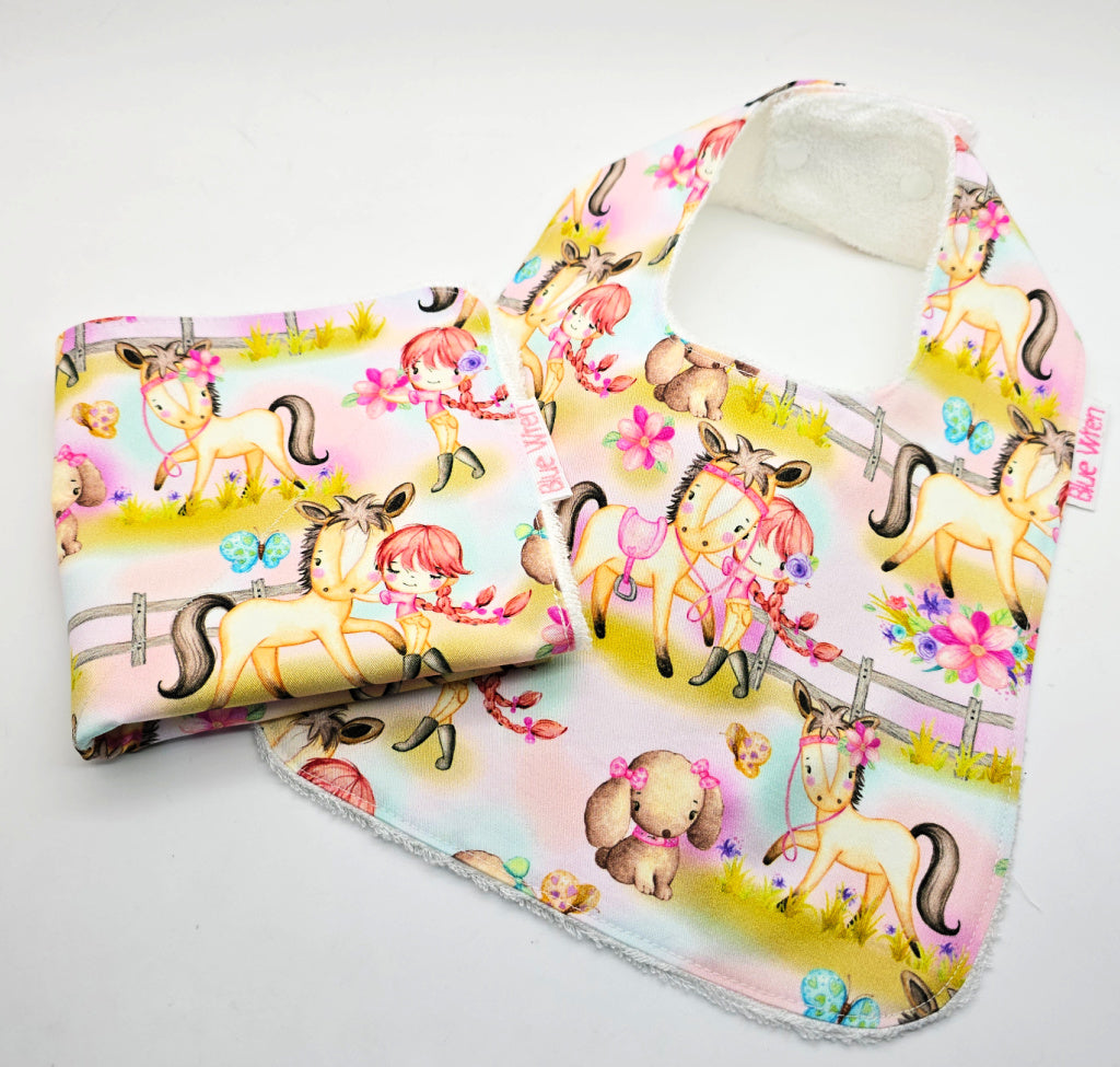 Baby Bib and Wash Cloth Pony Fabric Gift Set