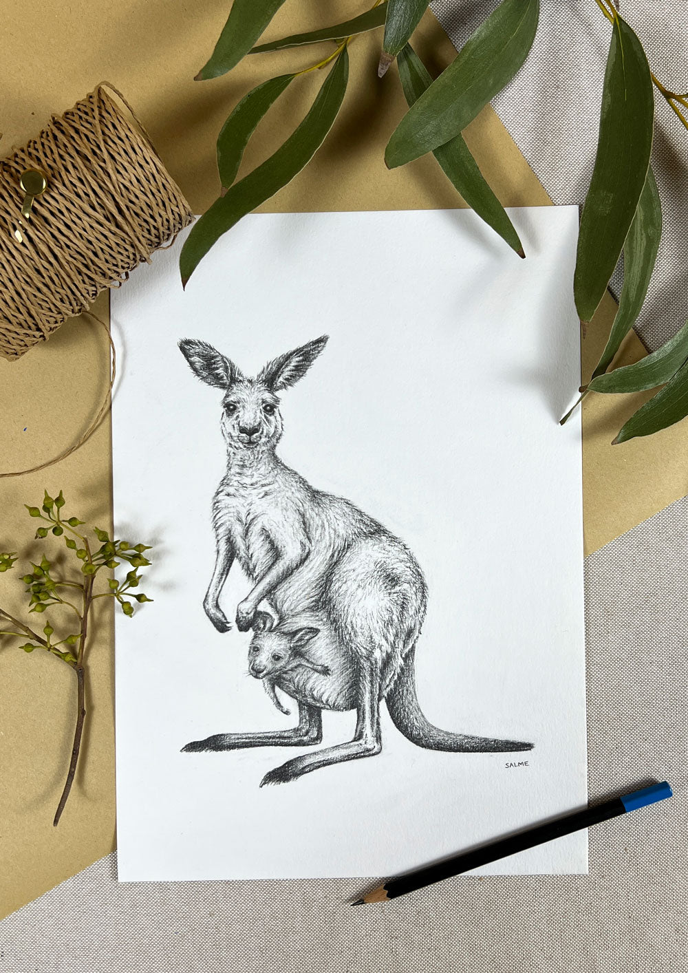 Kangaroo Mother and Joey | Hand Drawn Original Artwork