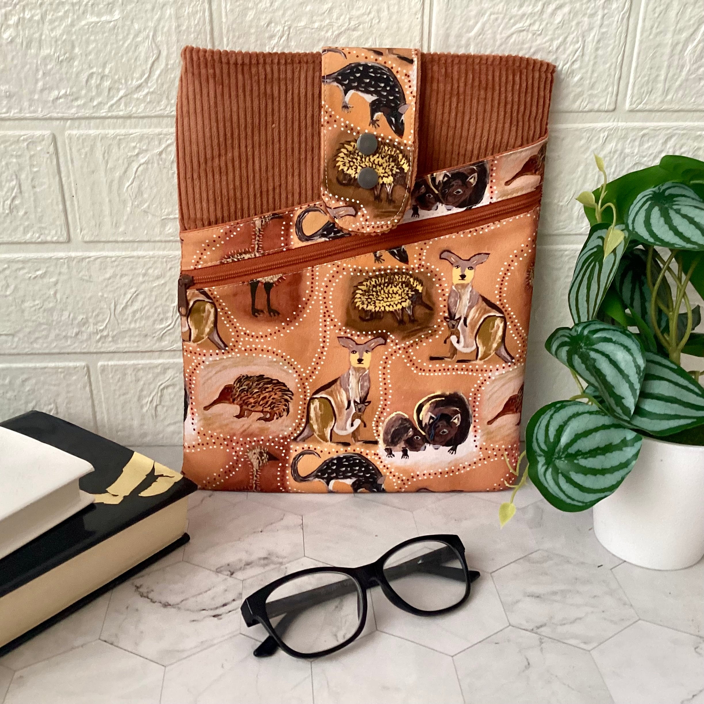 Indigenous Animals fabric book sleeve with 2 pockets. iPad, tablet pouch