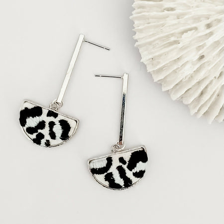 Modern hand-embroidered leopard print earrings in silver