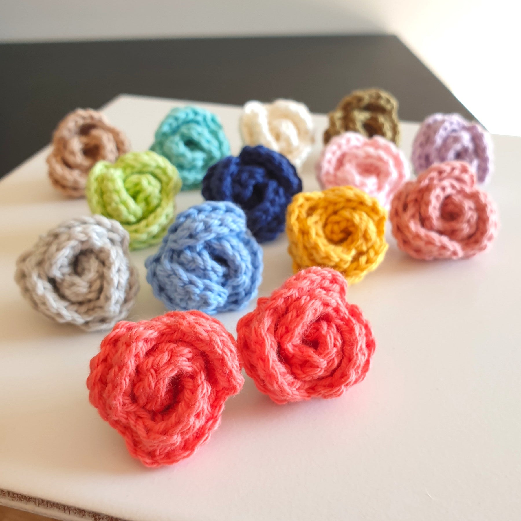 Small Hand Knitted Small Crochet Rose Flower Stud earrings : Blue White Gray
